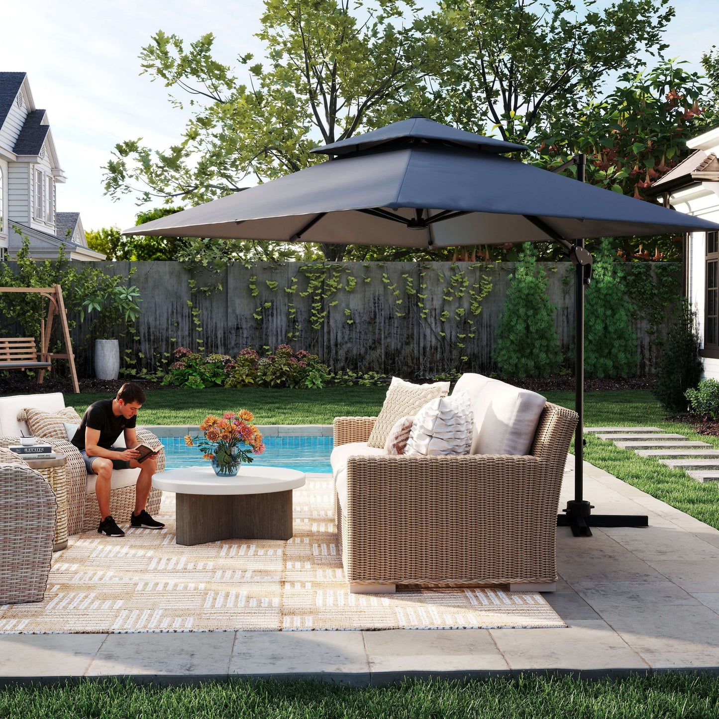 10' x 10' Cantilever Patio Umbrella, Double Top Square Offset Umbrella with 360° Rotation, Light Grey