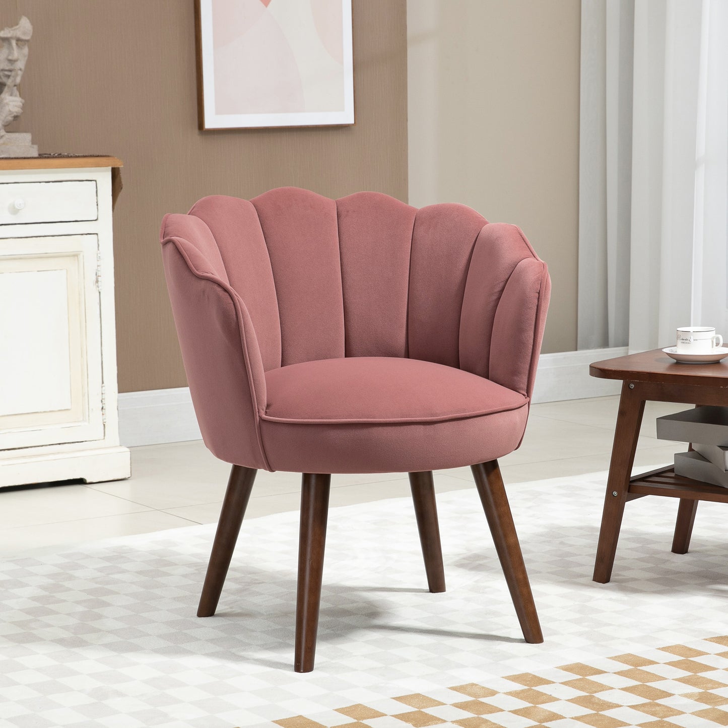 Modern Vanity Chair, Velvet-feel Fabric Leisure Accent Chair with Wood Legs for Living Room, Pink