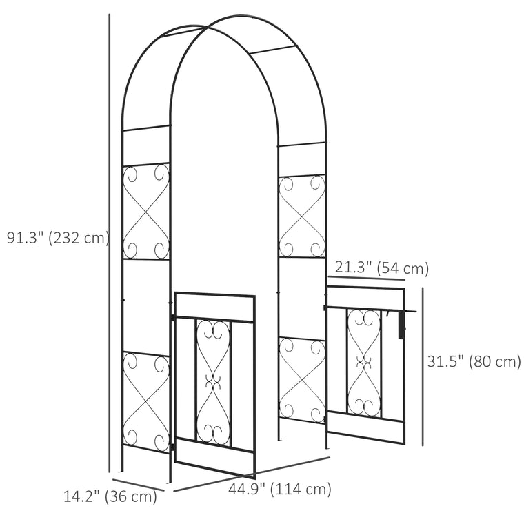 7.6FT Black Metal Garden Arch with Gate & Trellis