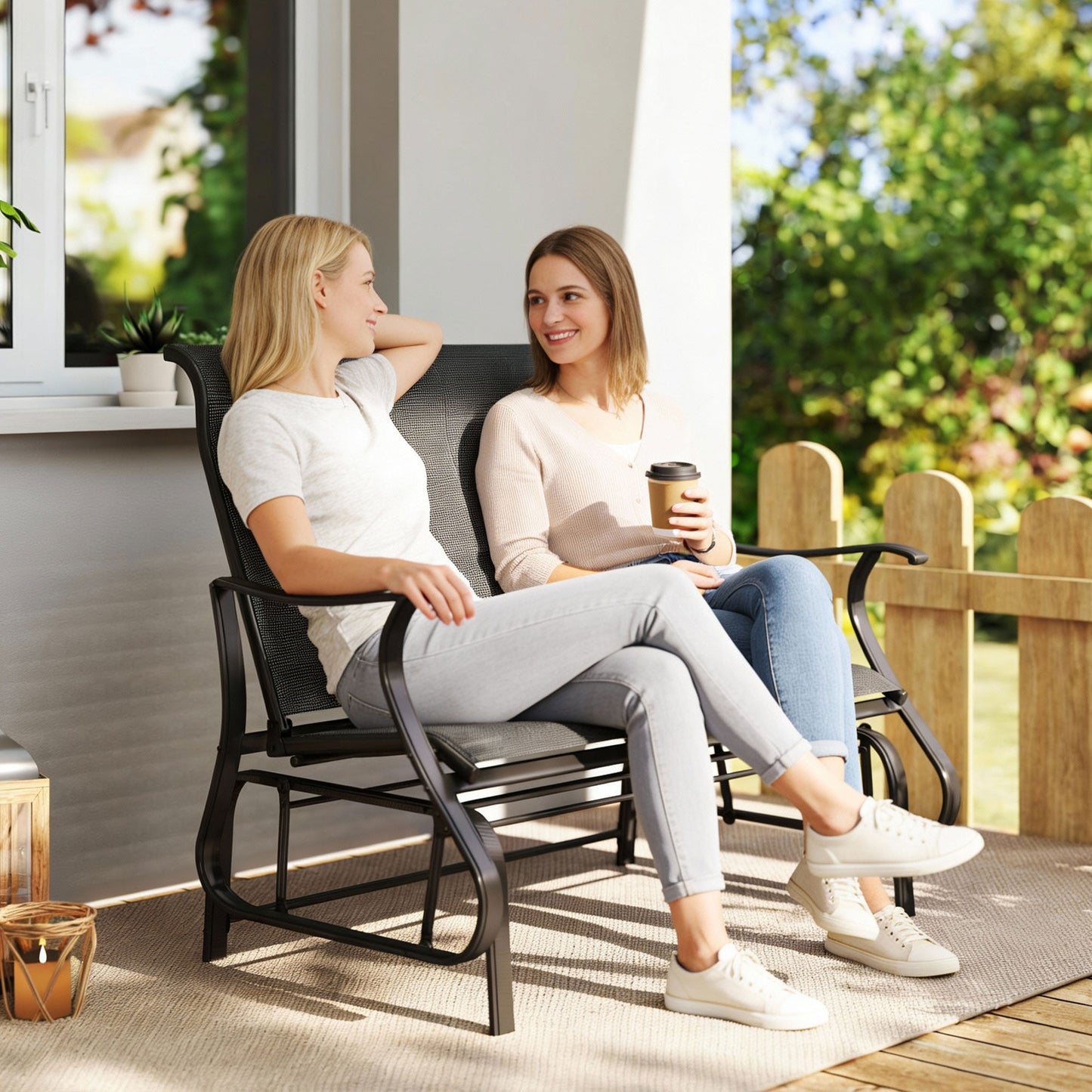 Garden Double Gliding Chair, Patio Glider Armchair for Outdoor, Backyard Mesh Seat and Backrest, Steel Frame Black