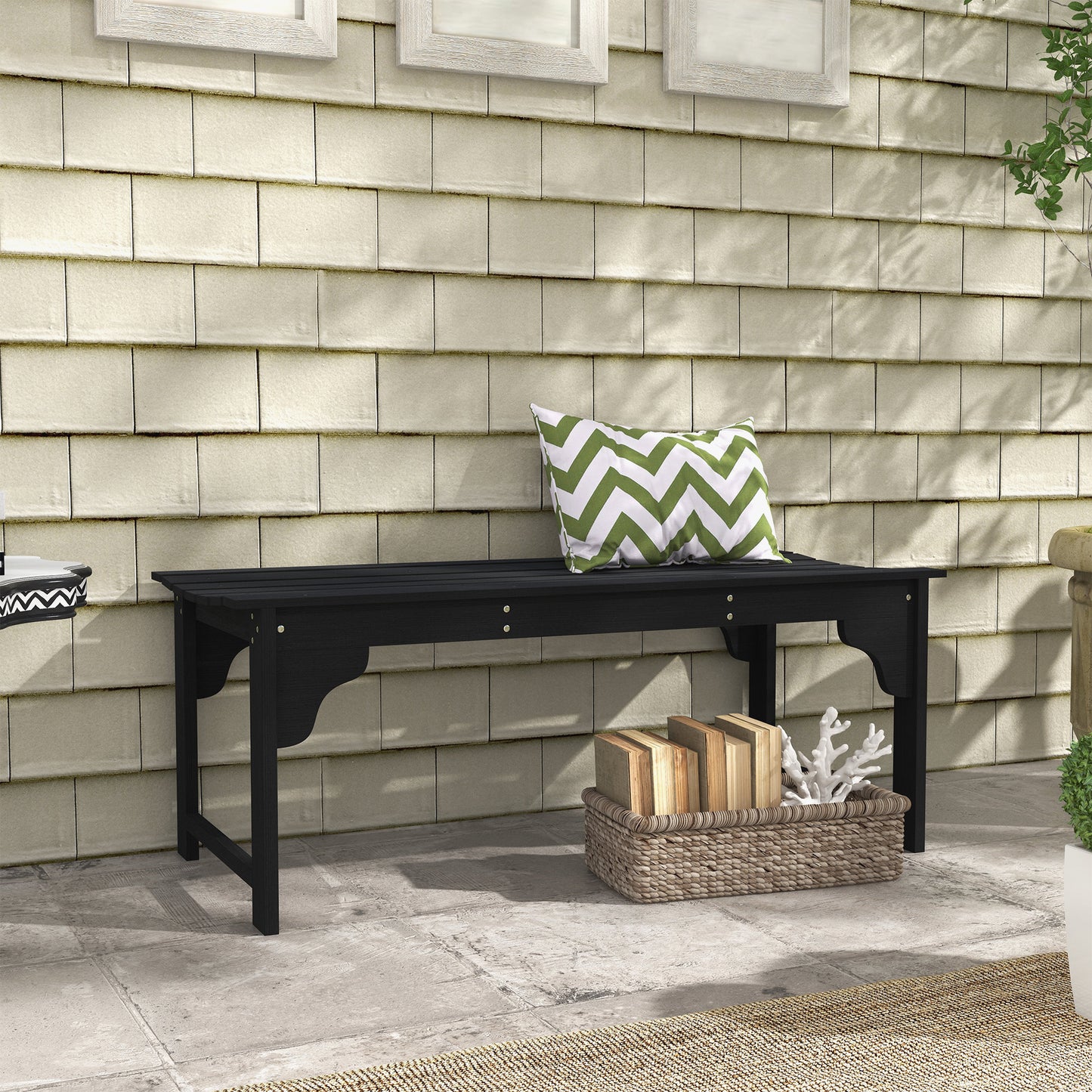 Wooden Garden Bench, Patio Double Park Bench with Slatted Seat, Front Porch Backless Bench, Black