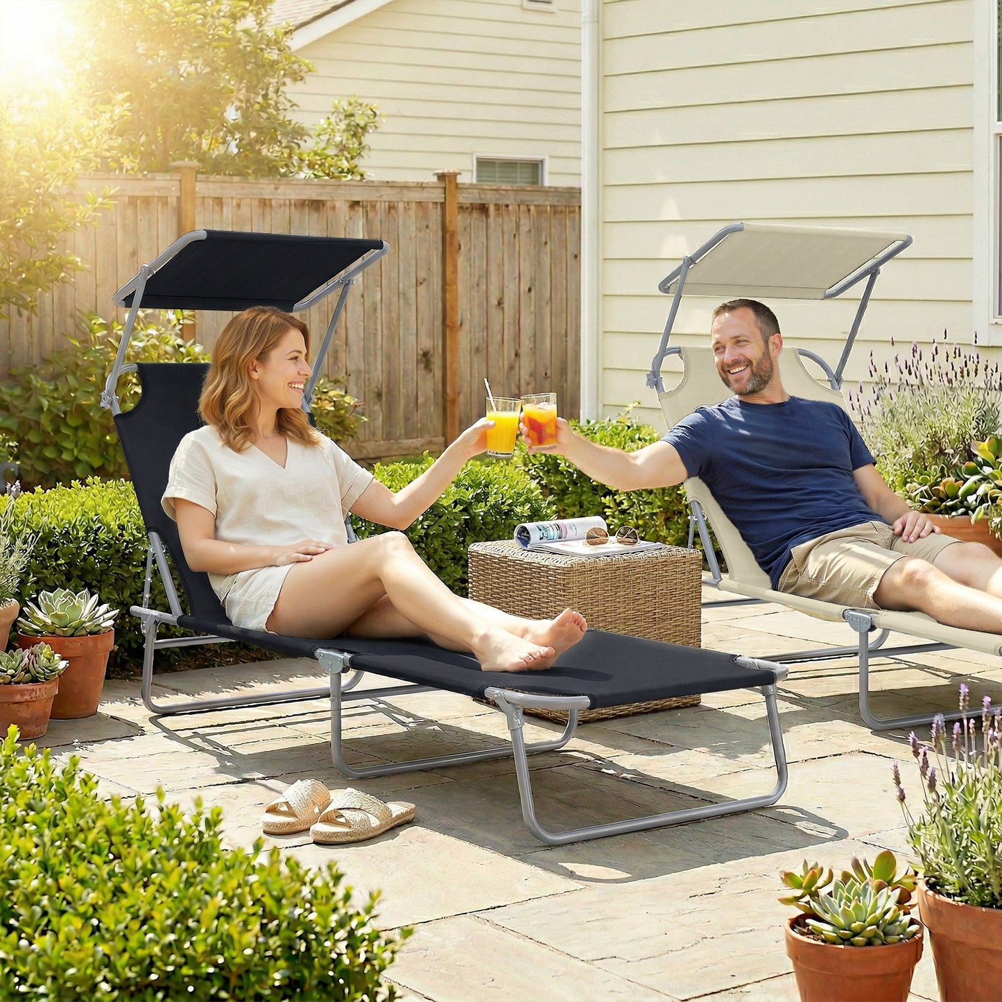 Outdoor Lounge Chair, Adjustable Folding Chaise Lounge, Tanning Chair with Sun Shade for Beach, Camping, Hiking, Backyard, Light Grey