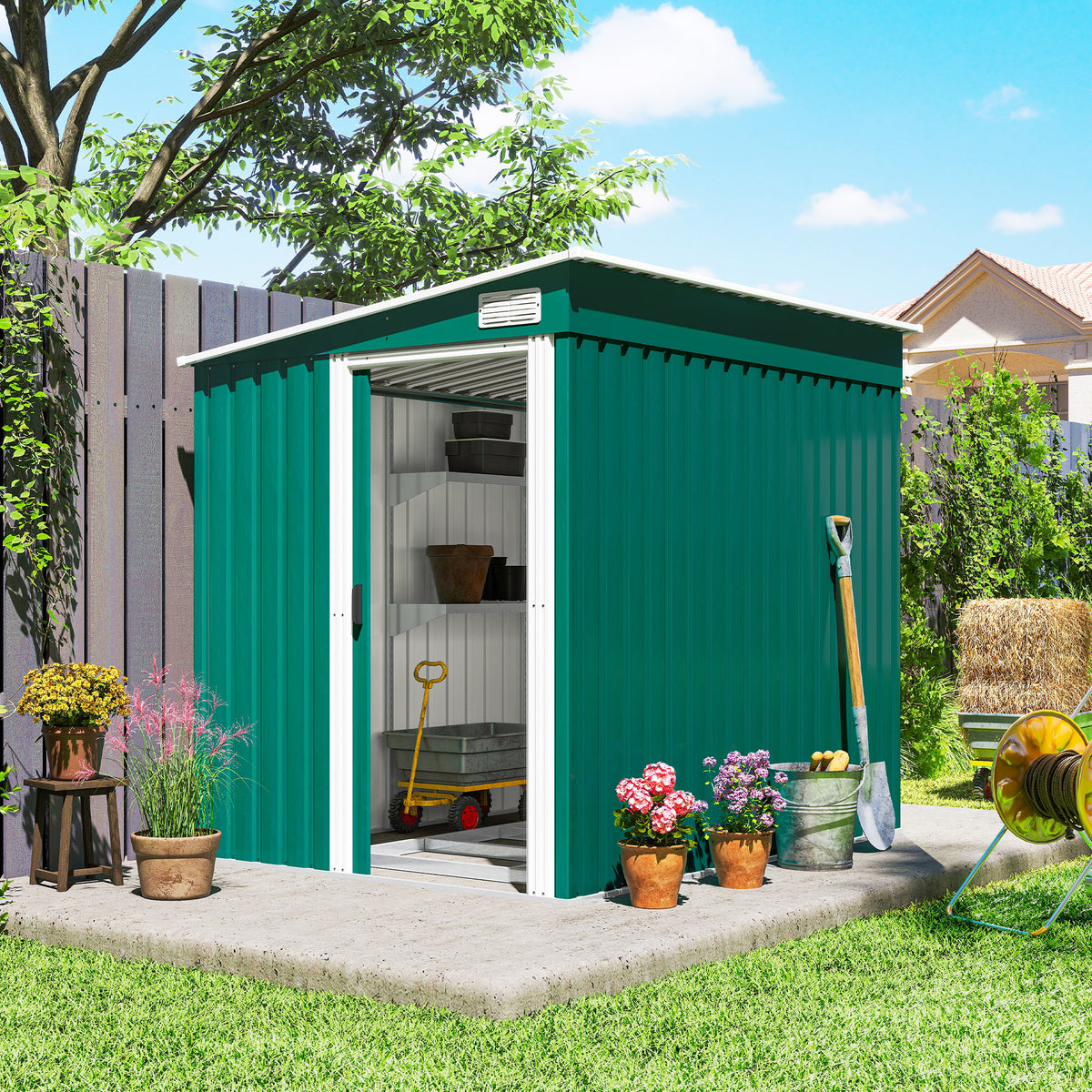 5' x 7' Galvanized Lean-To Shed with Sliding Doors and Foundation
