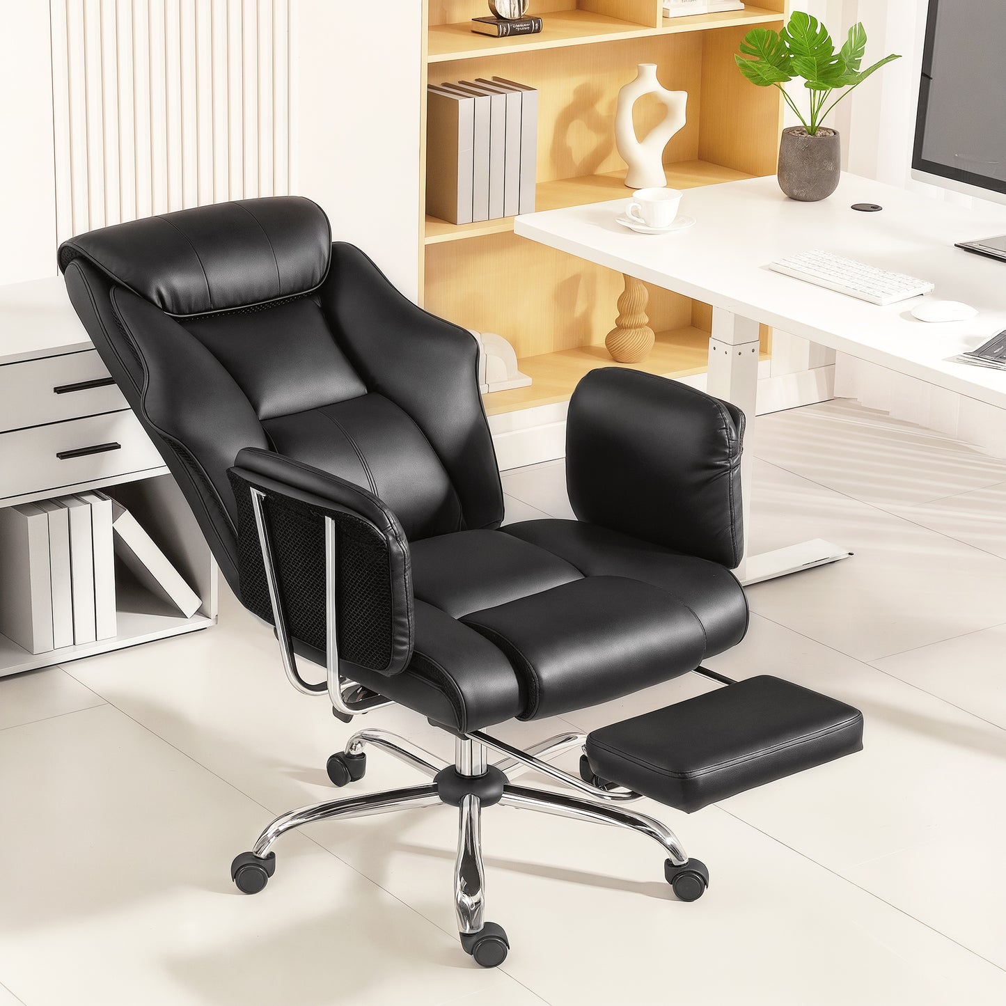 Reclining Office Chair, Overstuffed Executive Desk Chair with High Back, PU Leather, Footrest, Swivel Wheels, Black