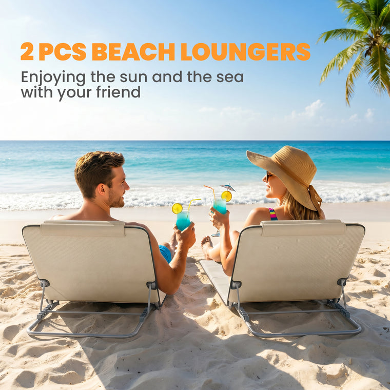 2-Piece Folding Beach Lounge Chair Set with Pillow - Beige/Blue