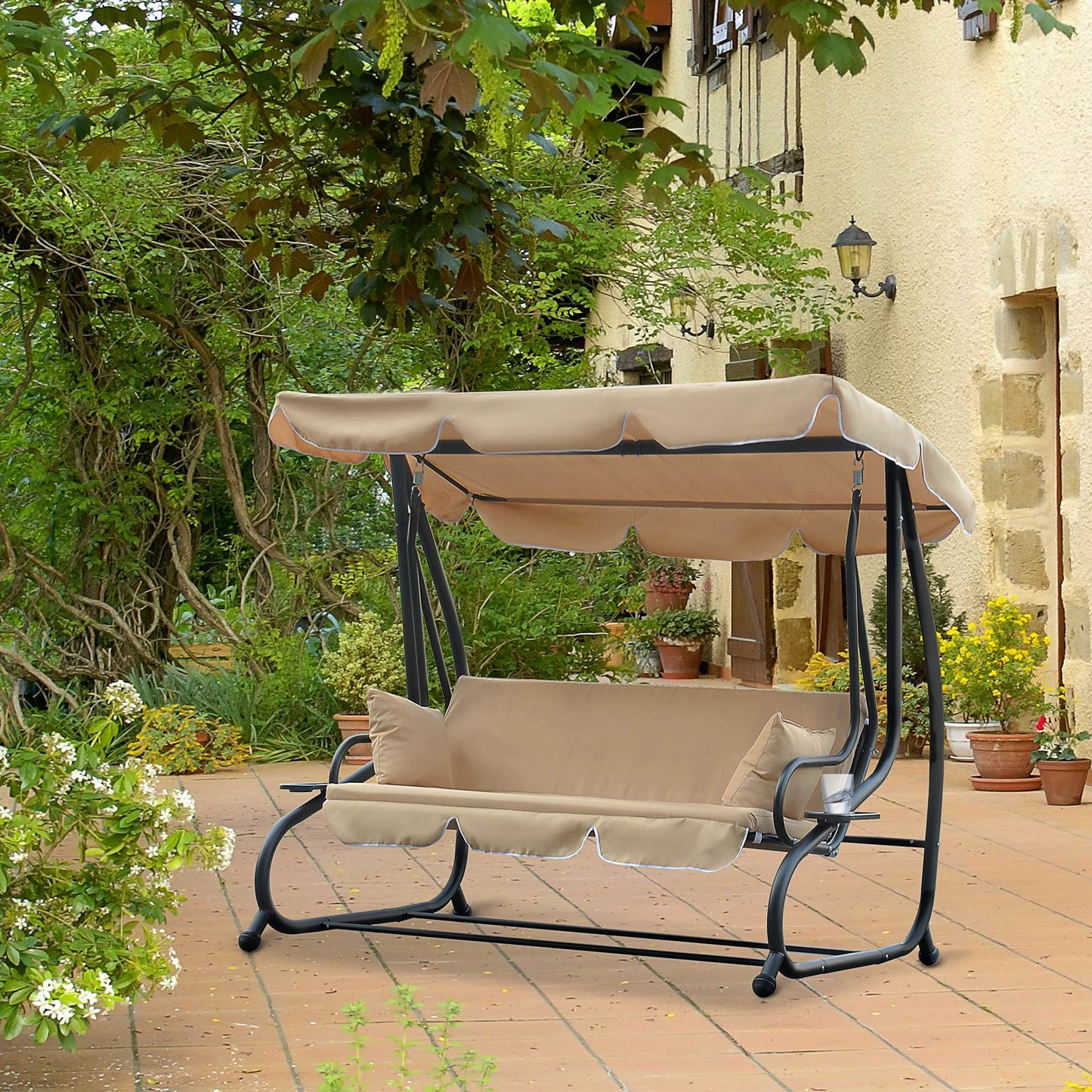 3-Seat Outdoor Patio Swing Chair, 2-in-1 Convertible Flat Bed, Canopy Swing with Adjustable Shade, Removable Cushions, Cup Holder, Beige