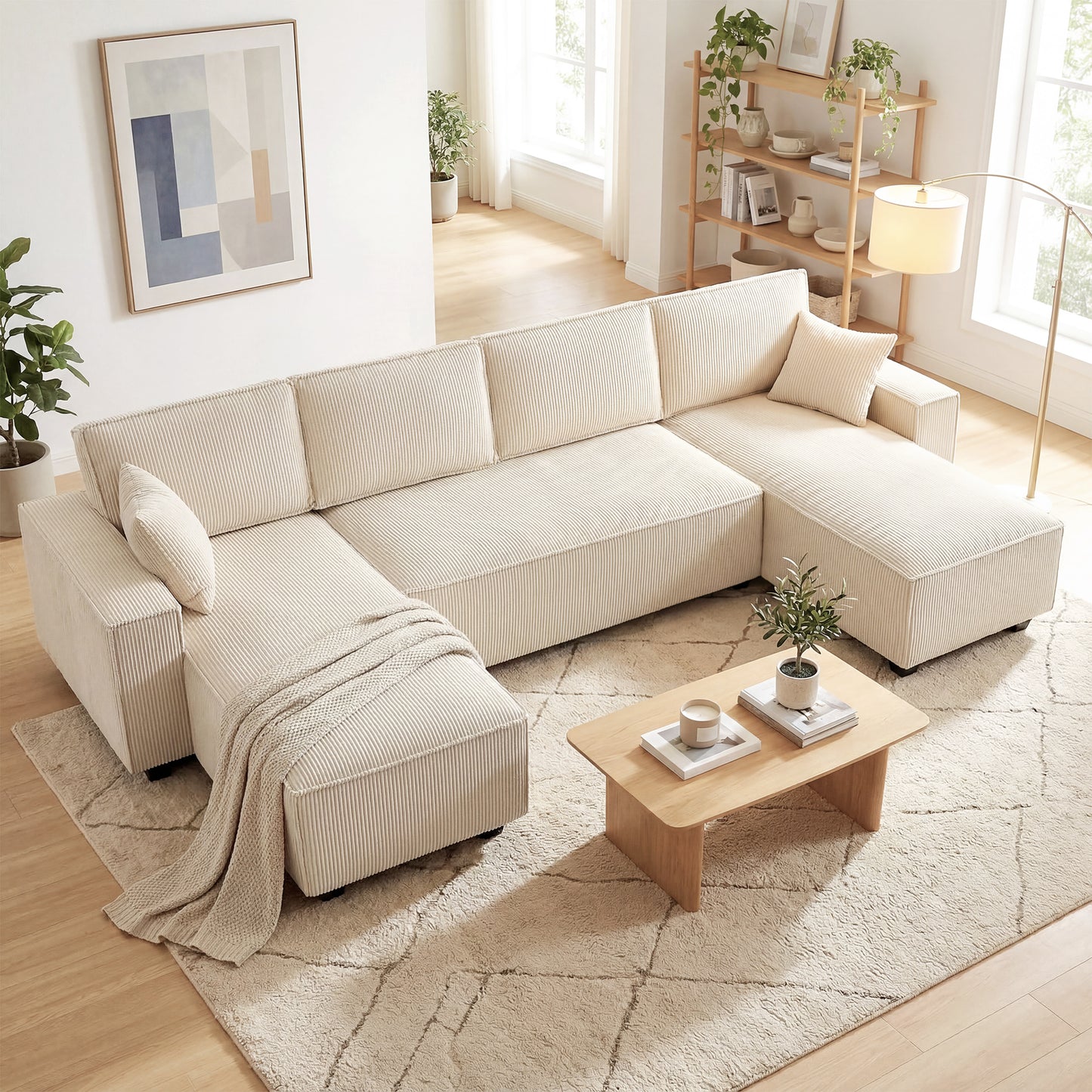 Modular U Shaped Couch, Sectional Sofa with Double Chaises and Spring Cushions, Beige
