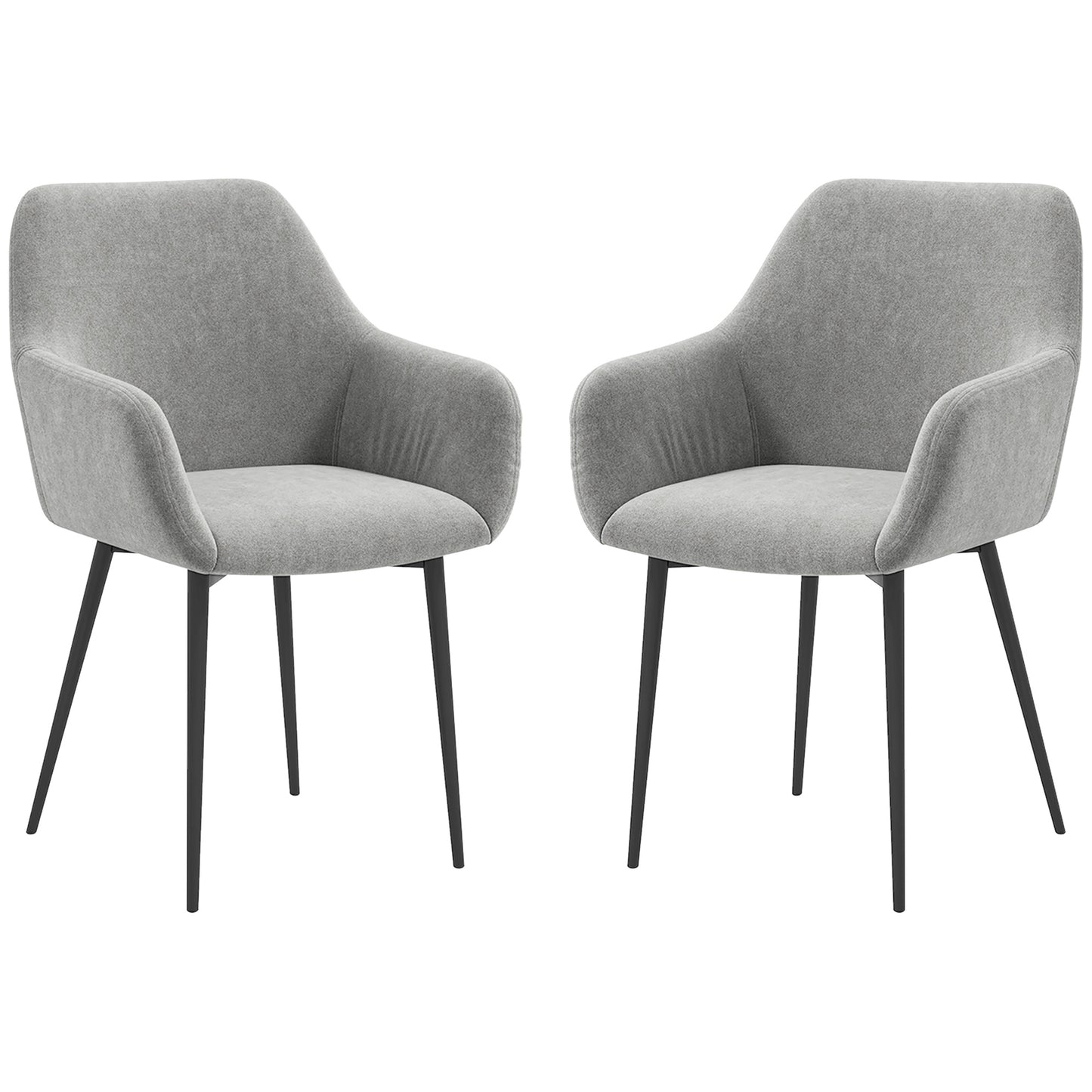 Dining Chairs Set of 2, Velvet-look Fabric Upholstered Kitchen Chairs with Backrest, Armrests and Steel Legs, Dark Grey