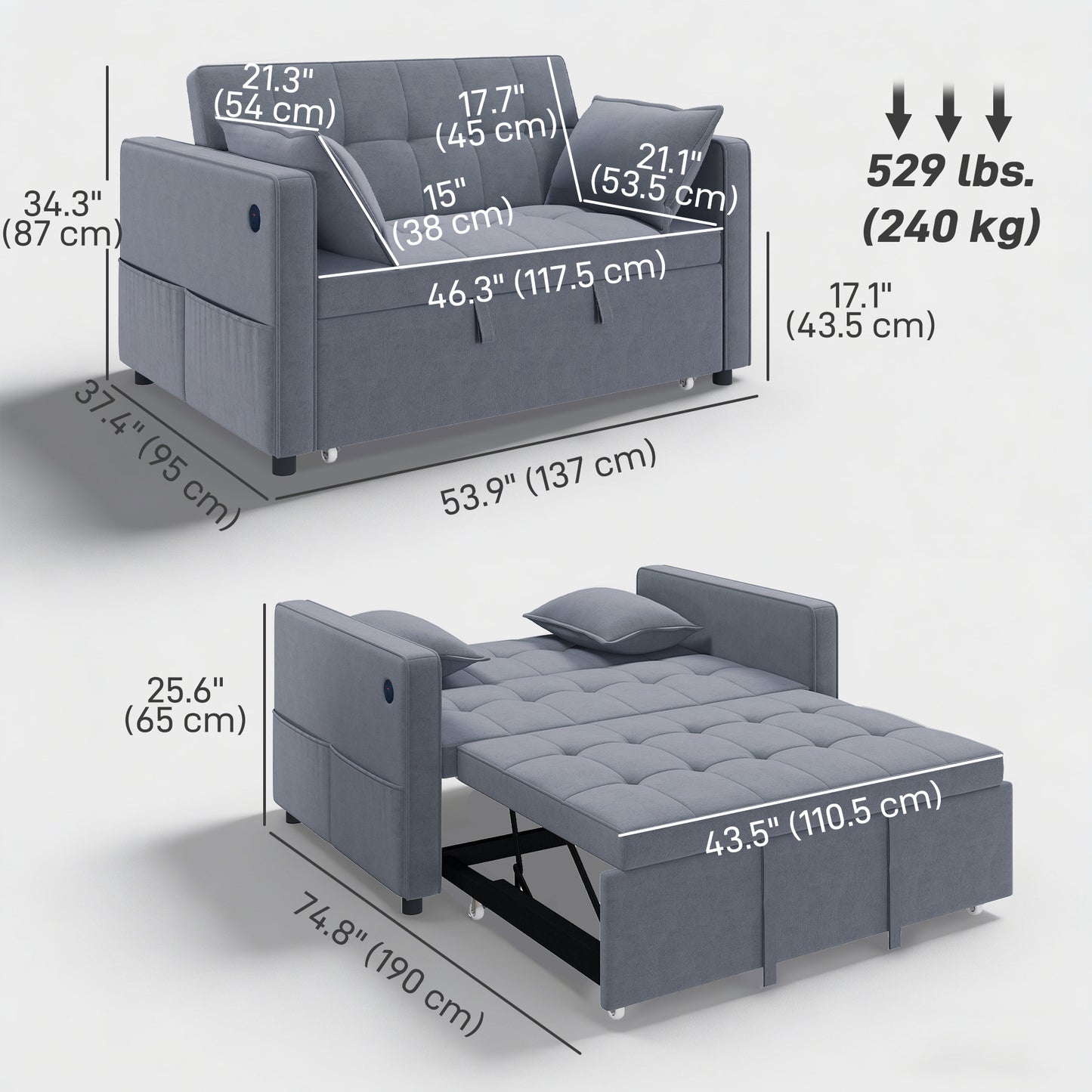 3-in-1 Convertible Sofa Bed, Pull-Out Sleeper Sofa with USB Charging, Adjustable Backrest and Side Pockets, Dark Grey
