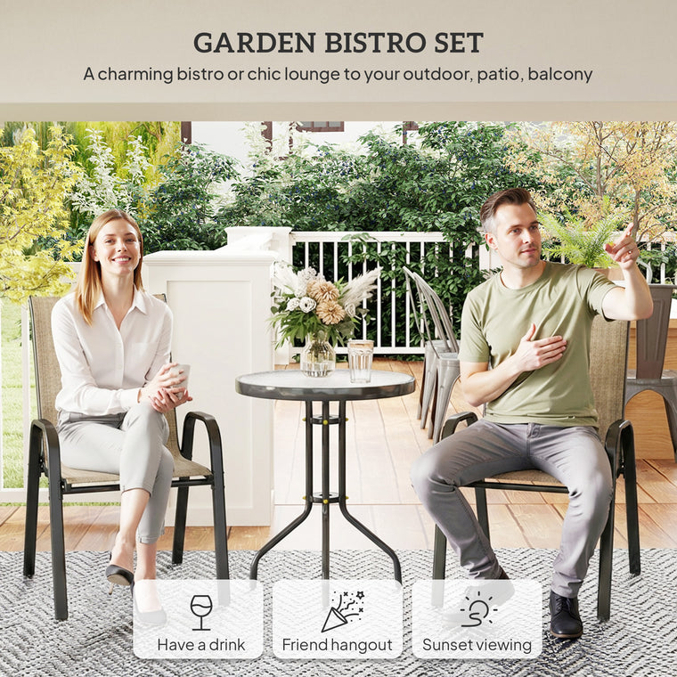 3-Piece Bistro Set with Stackable Mesh Chairs & Glass Table