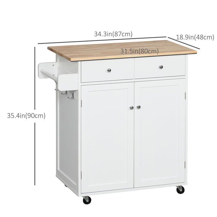 Rolling Kitchen Island with Wood Top and Drawers - White