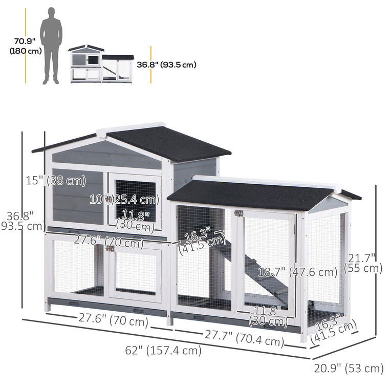 2-tier Wooden Rabbit Hutch w/ Ramp and Outdoor Run, Grey