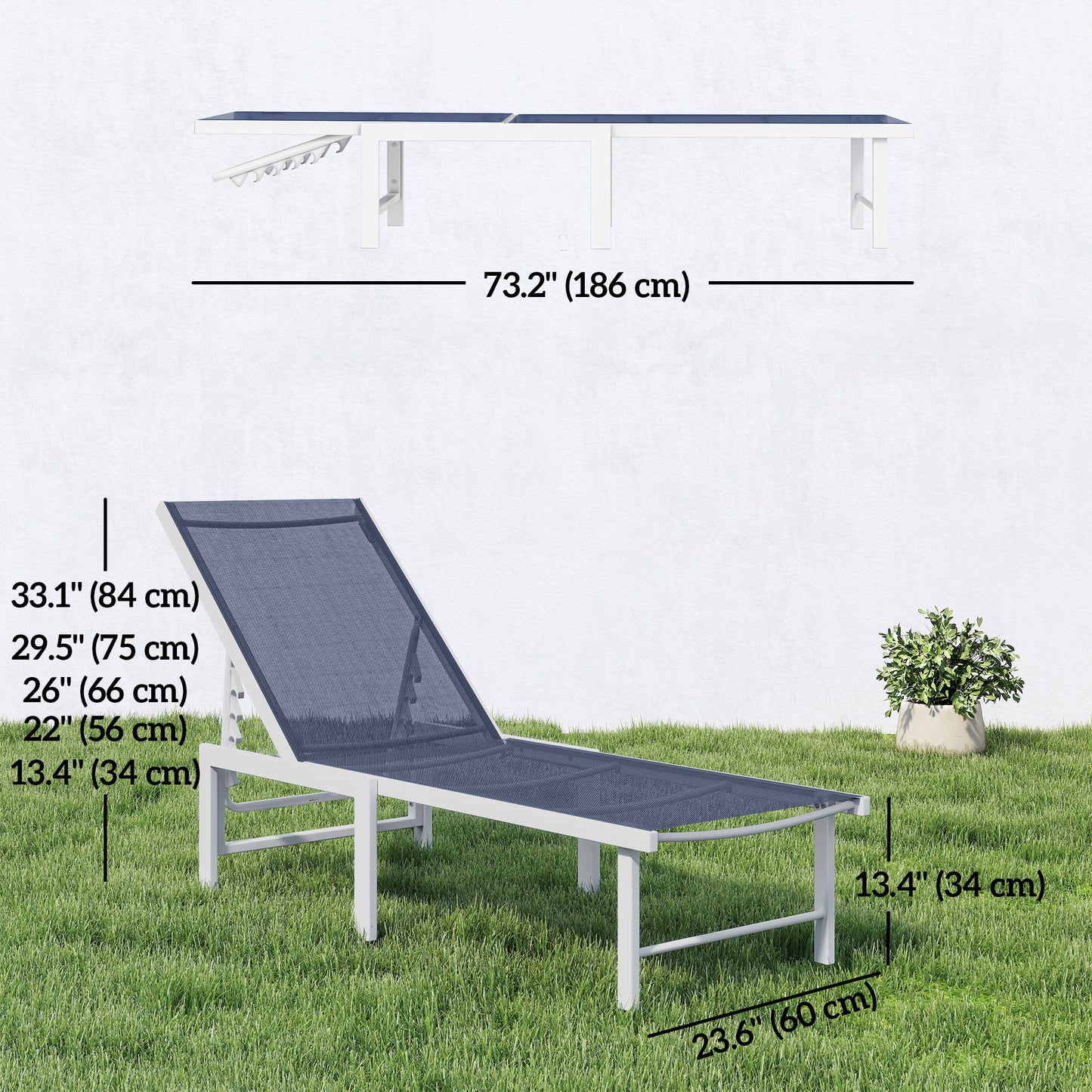 Outdoor Lounge Chair, 5-Position Reclining Outdoor Chaise Lounge Tanning Chair with Mesh Seat, Dark Blue