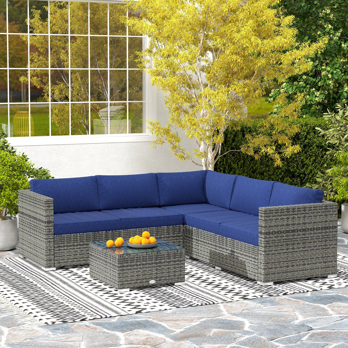 4-Piece Outdoor Rattan Wicker Conversation Furniture Set, Includes Corner Sofa, Loveseat, Coffee Table and Cushions, Modern Patio Sectional for Backyard, Navy Blue