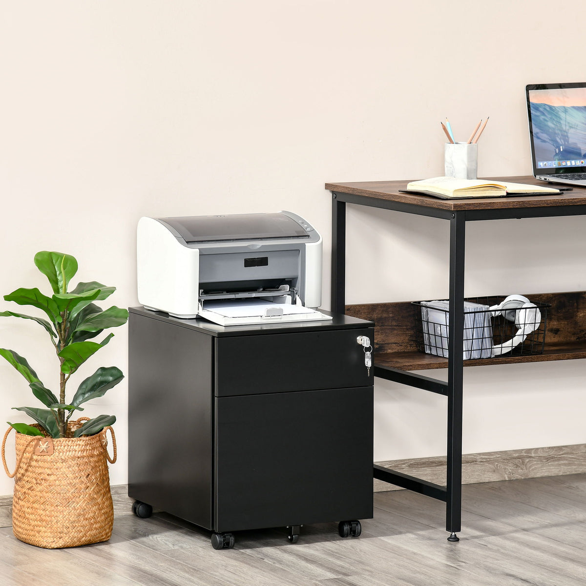 Lockable File Cabinet, Steel Filing Cabinet on Wheels for Legal, A4, Letter Size, with Pencil Tray for Home Office