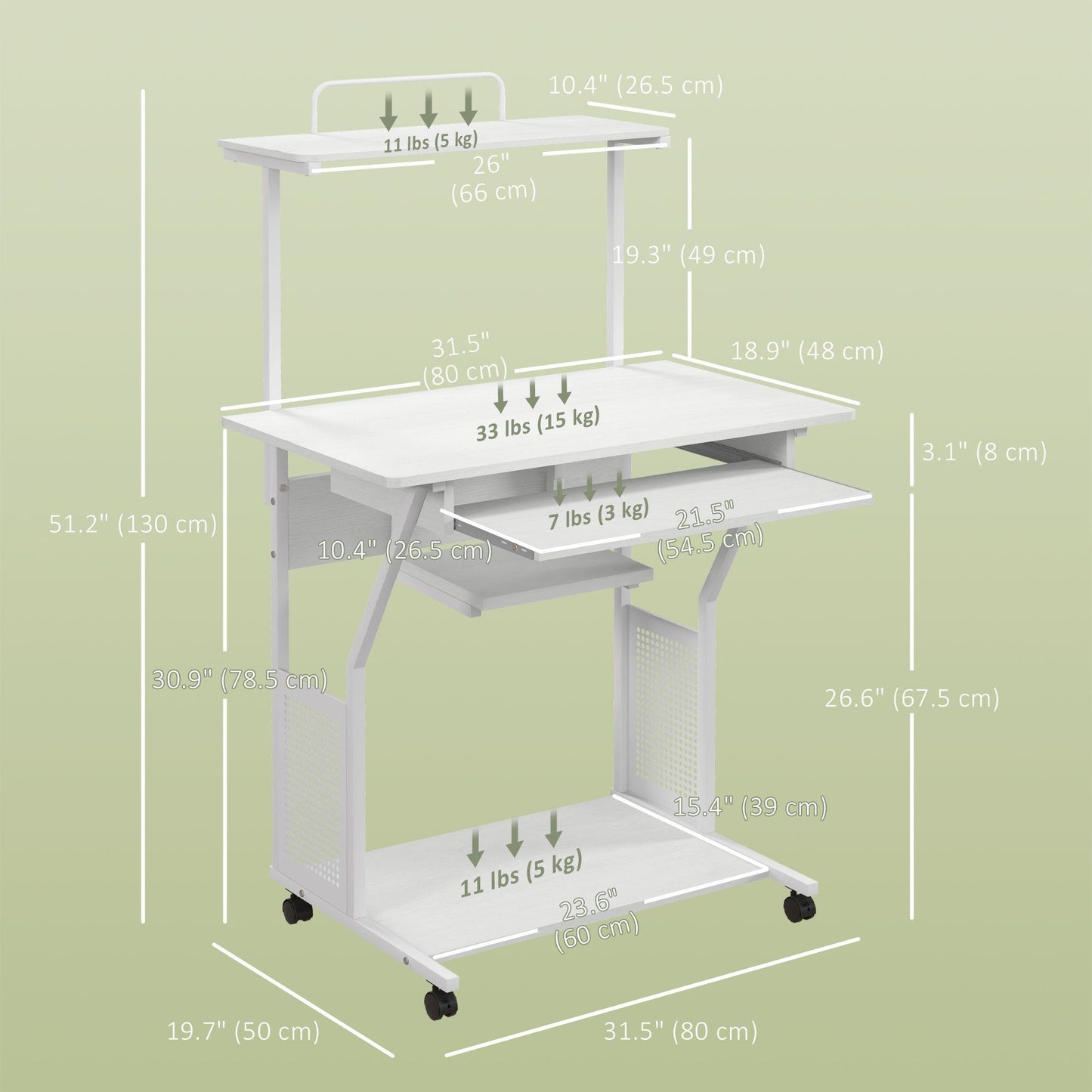 32" Mobile Computer Desk with Keyboard Tray - White