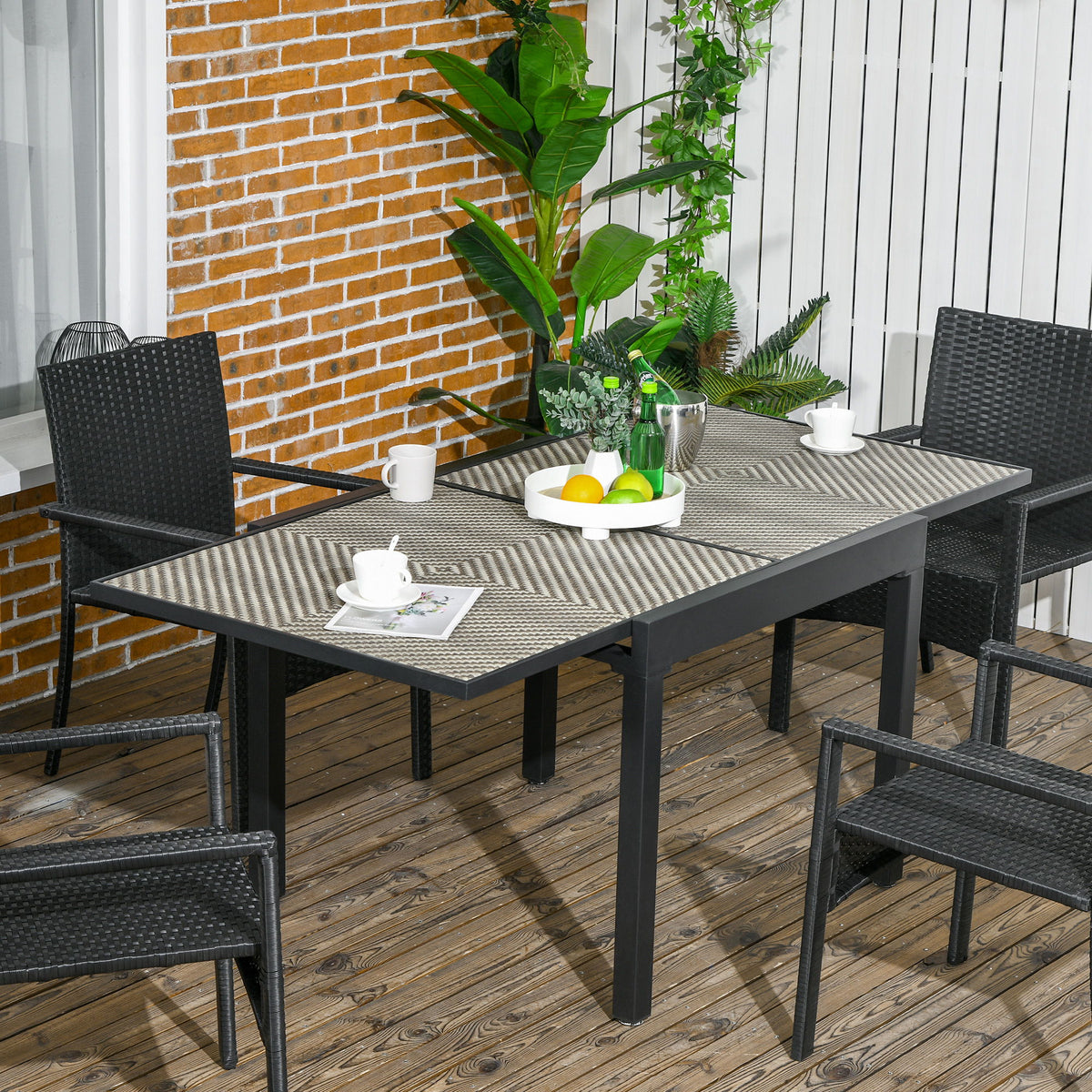 Extendable Rattan Dining Table, Patio Retractable Table, Aluminum Frame, 35.4"/70.9" x 35.4", Mixed Brown