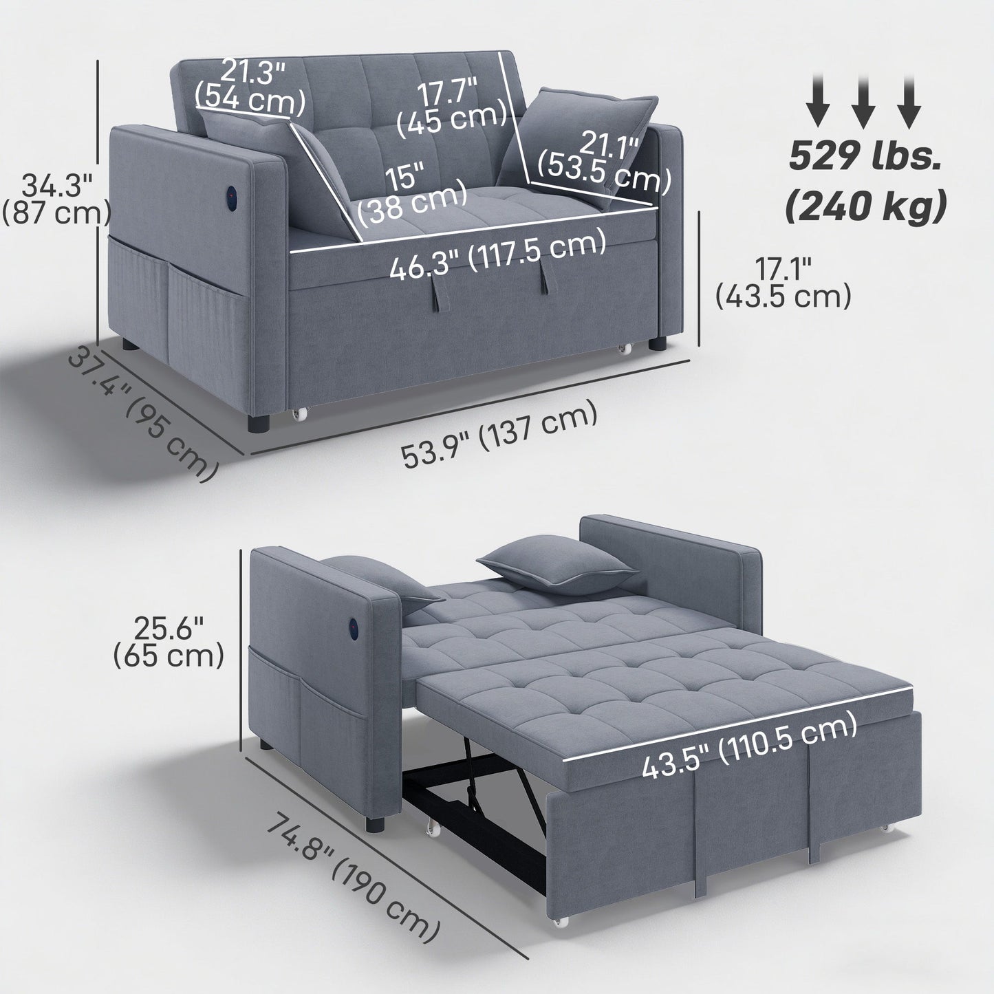 3‑in‑1 Convertible Sofa Bed, Pull Out Sleeper Sofa with USB Charging, Adjustable Backrest, Side Pockets, Dark Grey