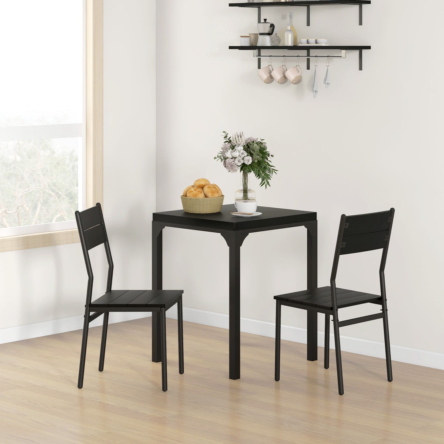 Dining Table Set for 2, 3 Piece Kitchen Table and Chairs with Metal Legs for Small Spaces, Black