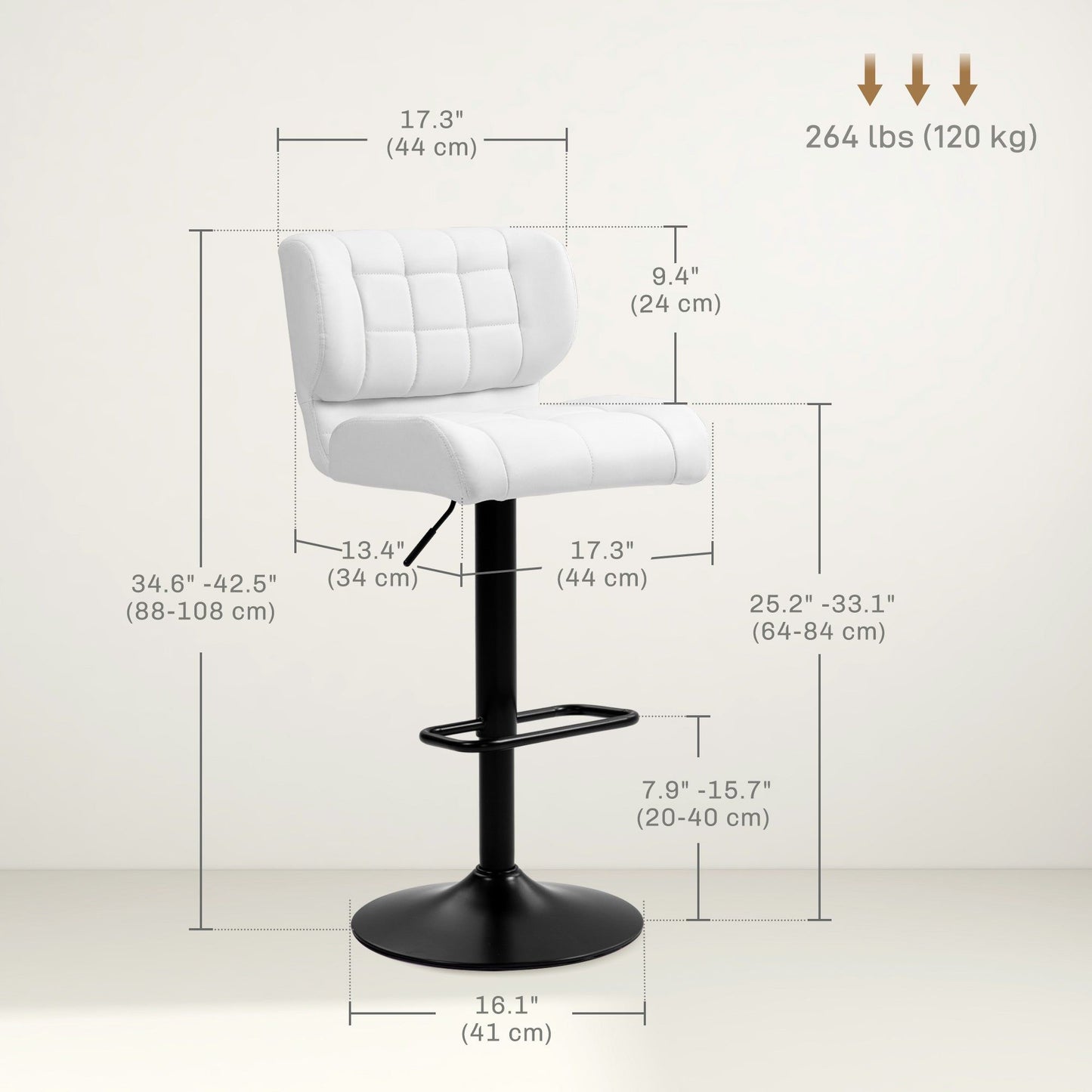Swivel Bar Stools Set of 2, Adjustable PU Leather - White