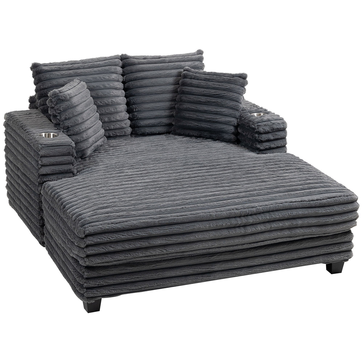 60" Chaise Lounge Chair, Oversized Upholstered Sofa Bed with Cup Holders & Pillows, Sleeper Couch for Living Room, Grey
