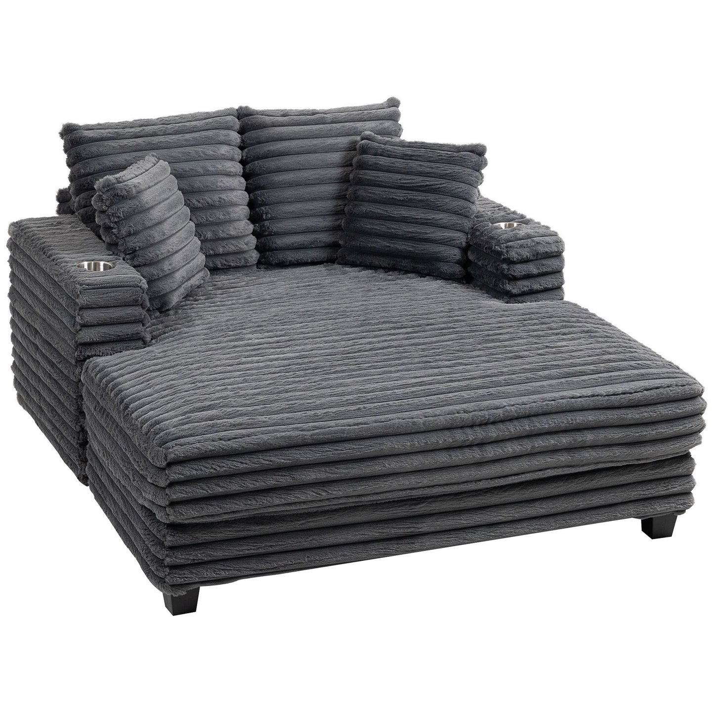 60" Chaise Lounge Chair, Oversized Upholstered Sofa Bed with Cup Holders & Pillows, Sleeper Couch for Living Room, Grey