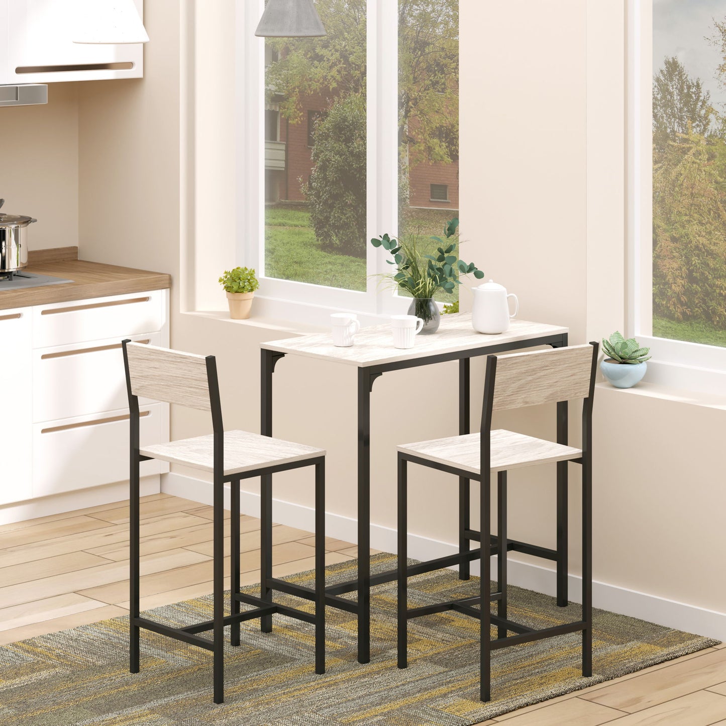 Industrial Bar Table Set Counter Height 3 Piece and 2 High Back Stools Set Dining Table Set Natural Wood