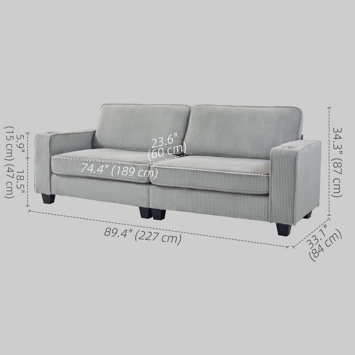 Three Seater Sofa, Fabric 3 Seater Couch with Spring Cushion and Cup Holders for Living Room, Bedroom, Light Grey