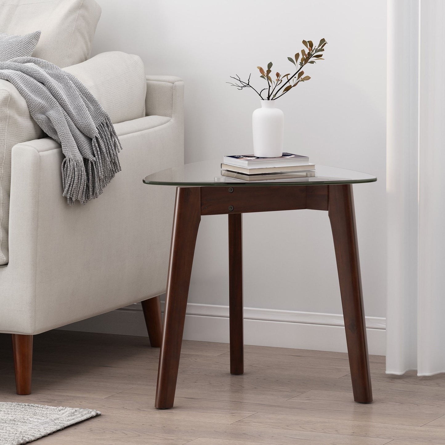 Mid-Century Modern End Table with Solid Wood Base, Tempered Glass Top, Side Table for Compact Rooms, 23" L x 22" W x 22" H, Walnut
