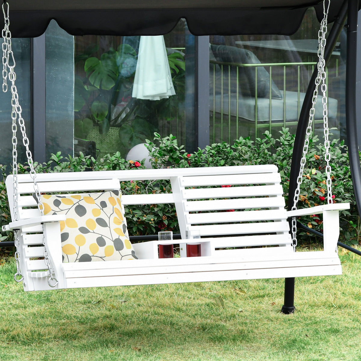 2 to 3 Seater Porch Swing Wood Patio Swing Chair Swing Bench with Foldable Table, Cup Holders, Steel Chains, White