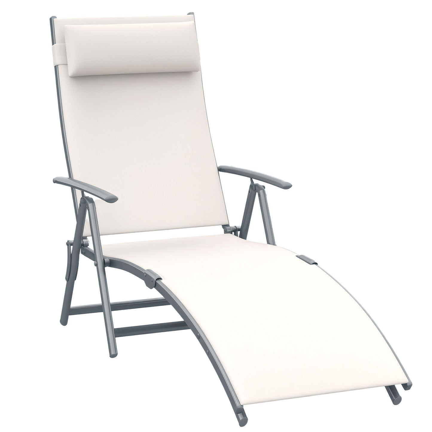 Heavy-duty Adjustable Folding Reclining Chair Outdoor Sun Lounger Patio Chaise Lounge Garden Beach Gravity Lounge with Pillow, 7 Adjustable Backrest Positions, Cream