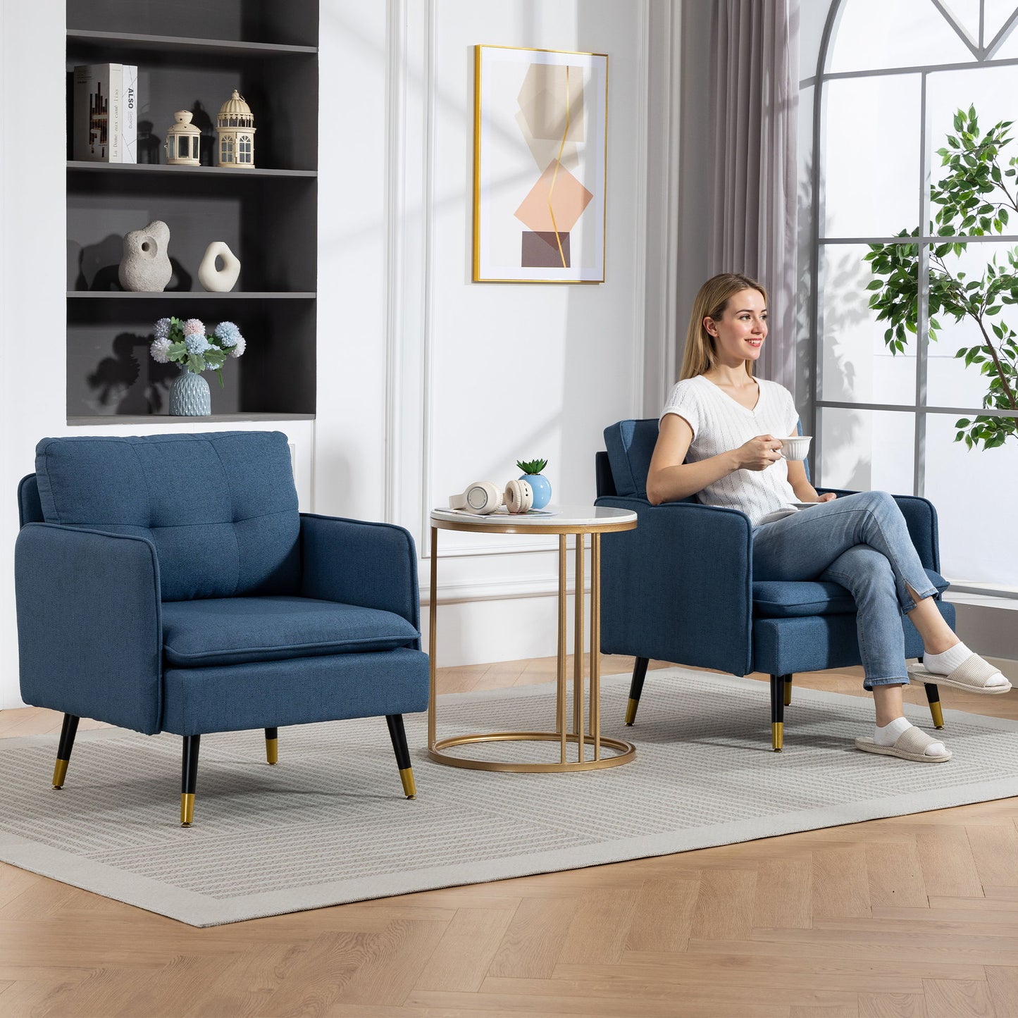 Accent Chairs Set of 2, Upholstered Armchairs with Tufted Back Cushion and Steel Legs for Living Room, Bedroom