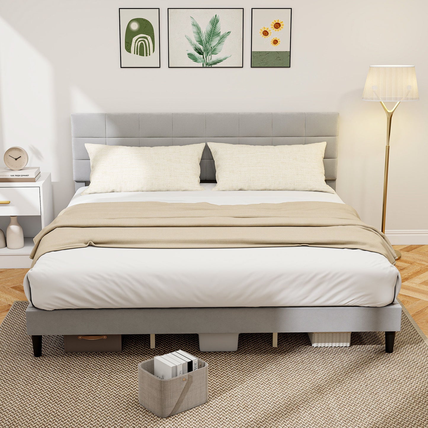 King Size Bed Frame with Upholstered Headboard, Modern Platform Bed Frame with Wood Slats, 1100 lbs Capacity, Grey