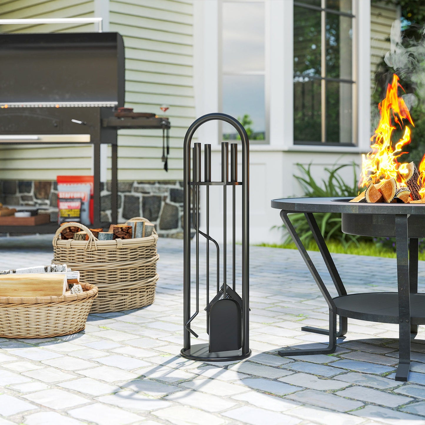 Fireplace Tools Set, 5 Pieces Fireside Accessories with Brush, Shovel, Poker, A Pair of Tongs, Stand, Black