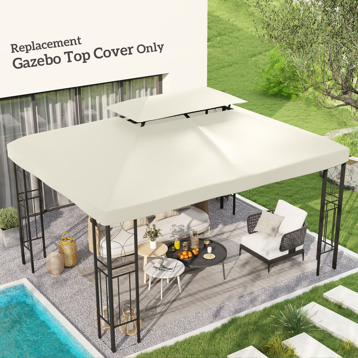 13' x 10' Gazebo Replacement Canopy 2 Tier Top UV Cover Pavilion Garden Patio Outdoor, Cream White (TOP ONLY)