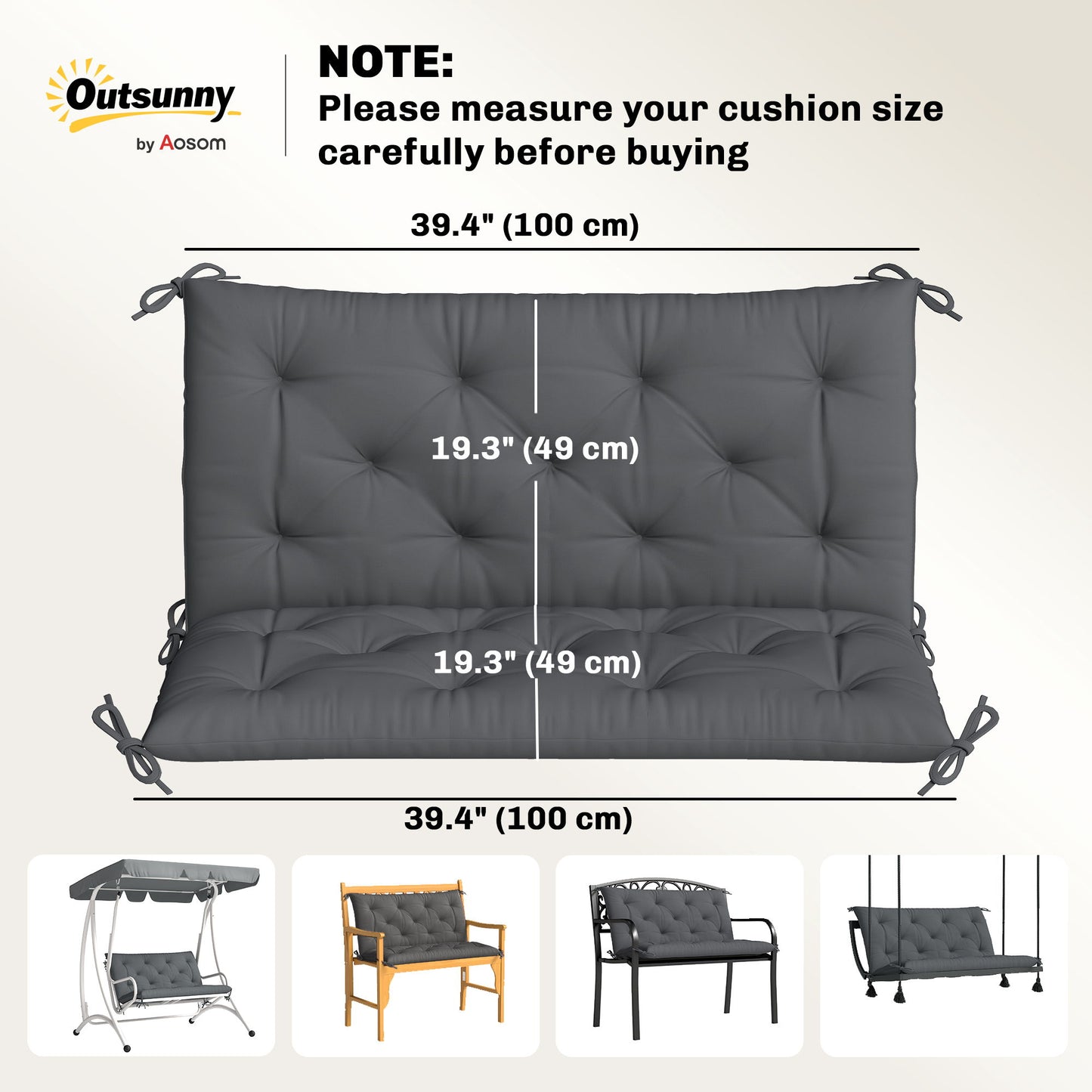 Porch Swing Cushion Garden Bench Cushion with Backrest, Non-Slip 2-seater Soft Pad, Swing Chair Mat Replacement for Indoor and Outdoor, 39.4" x 38.6", Dark Grey