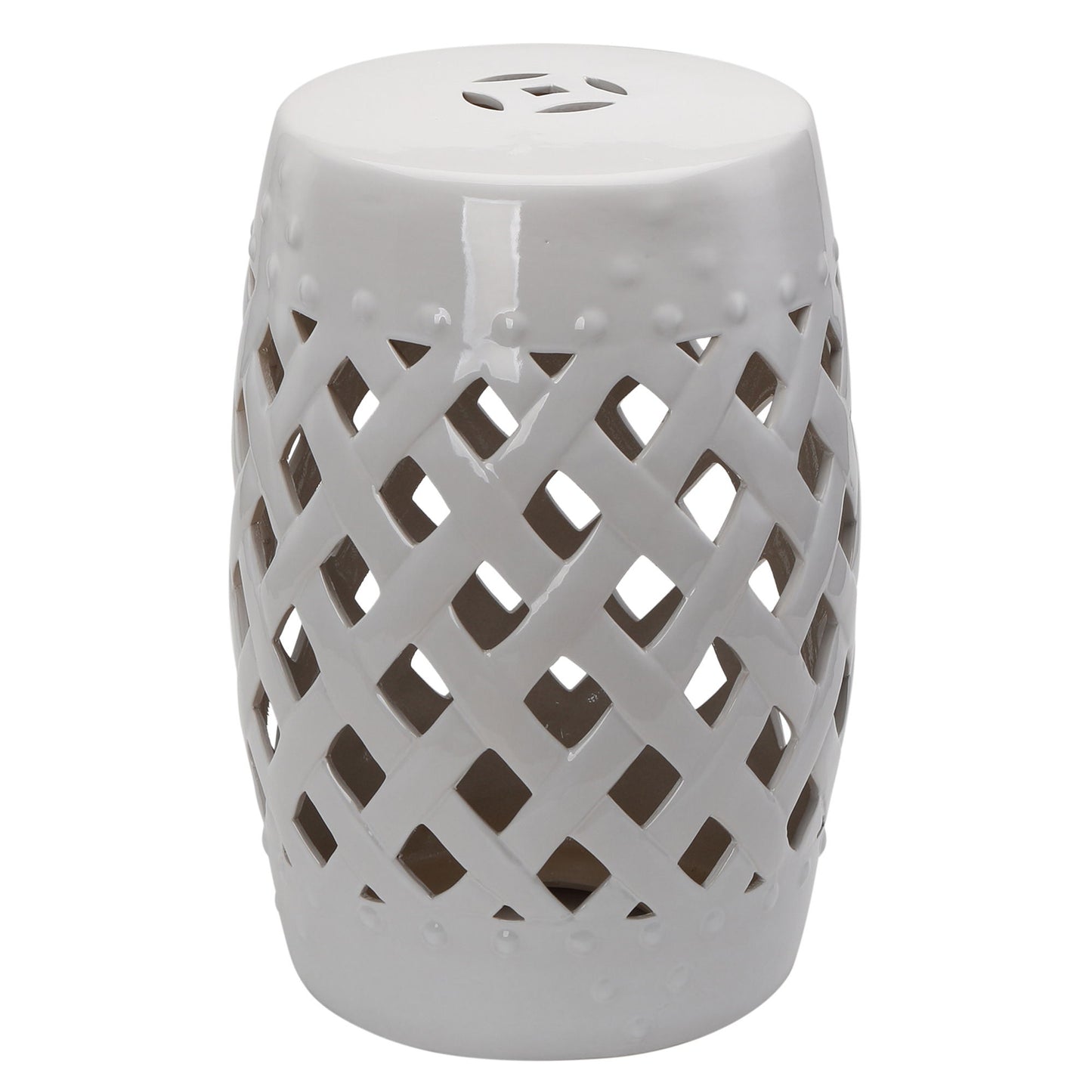 18" Ceramic Garden Stool with Woven Lattice Design, Indoor & Outdoor Decorative Accent Stool, White