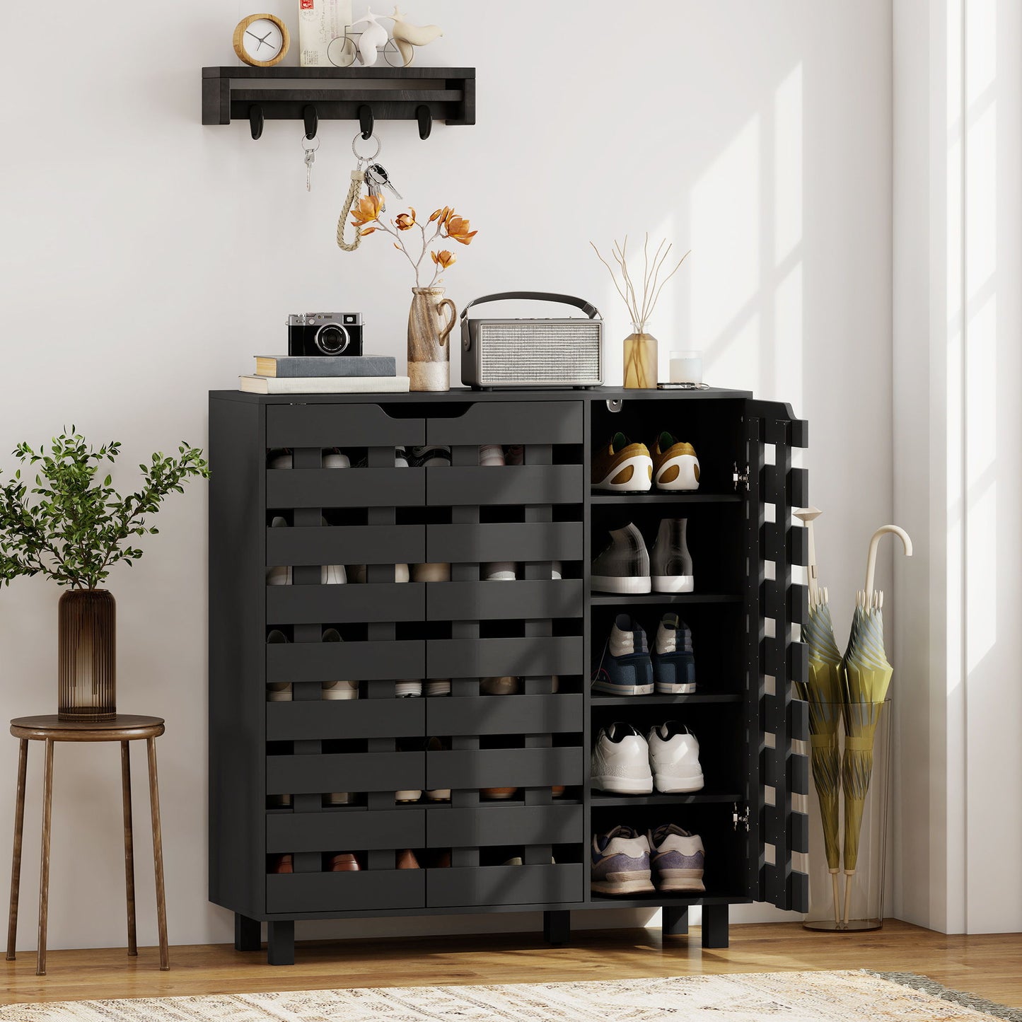 Shoe Cabinet, 20 Pair Shoe Storage Cabinet with Hollowed-Out Doors, Black