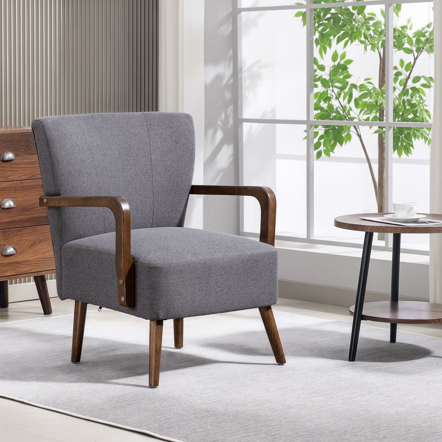 Accent Chair with Wooden Legs, Linen Fabric Armchair with Thick Padding, Comfy Chair for Living Room, Dark Grey