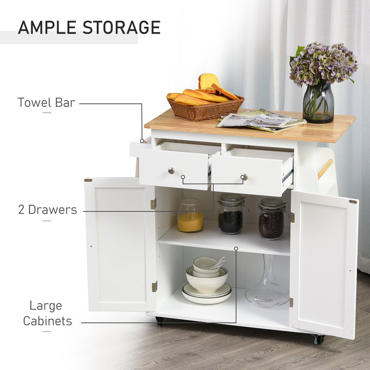 Rolling Kitchen Island Cart with Spice Rack - White