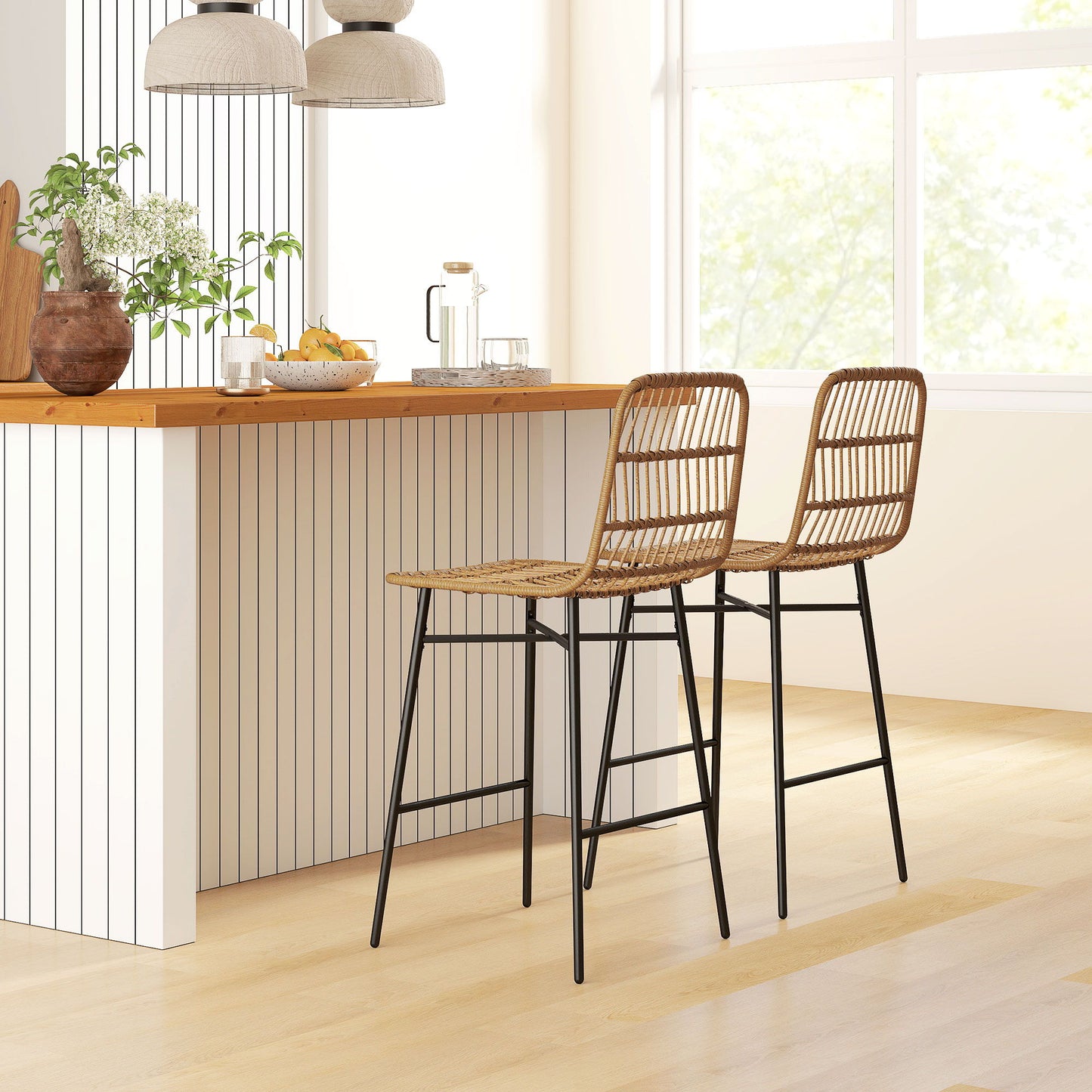 Rattan Counter Height Bar Stools Set of 2, 26" Counter Stools with Back, Modern Bar Chairs for Kitchen Island, Brown