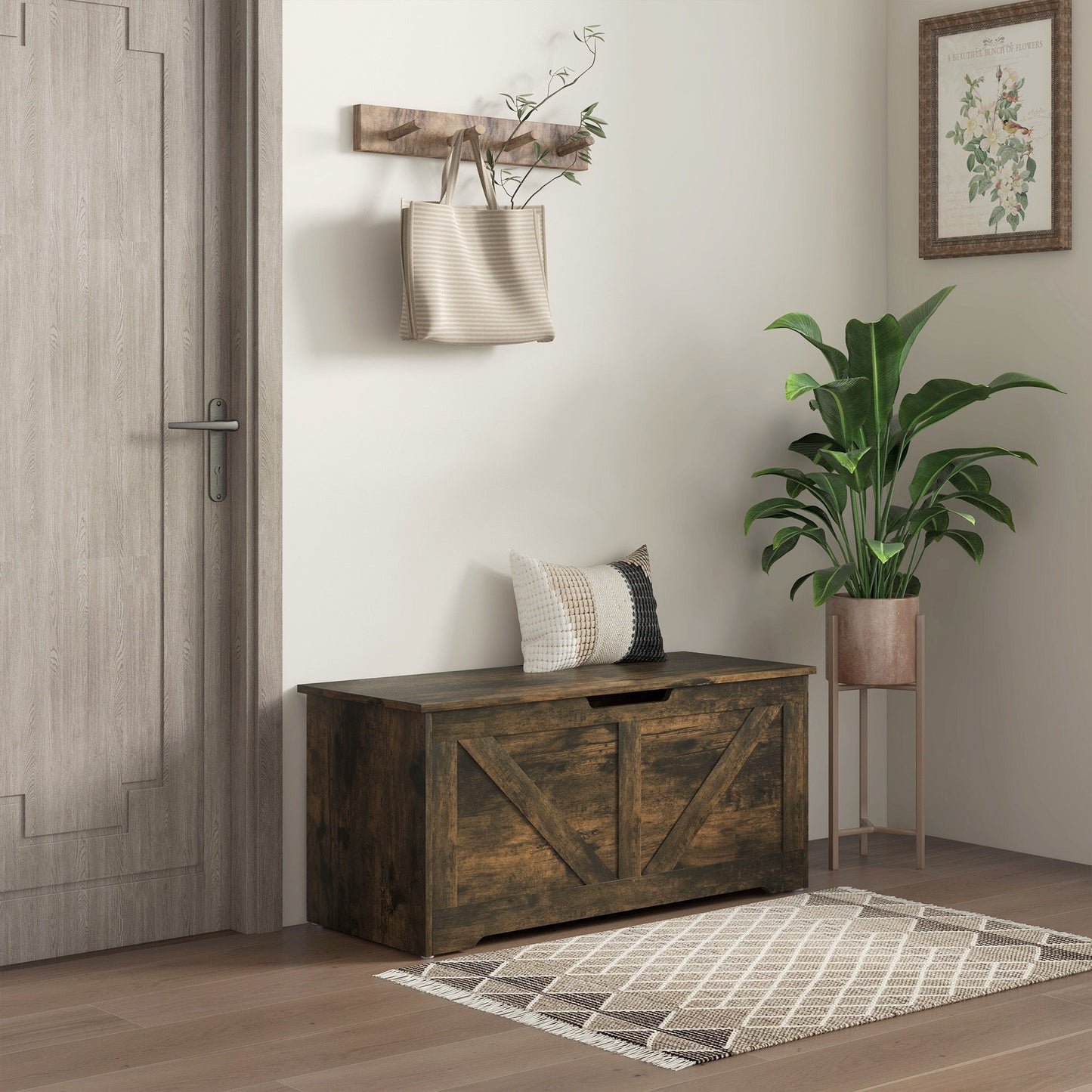 39.4 Inches Storage Chest, Storage Trunk with 2 Safety Hinges for Living Room, Brown Wood Grain