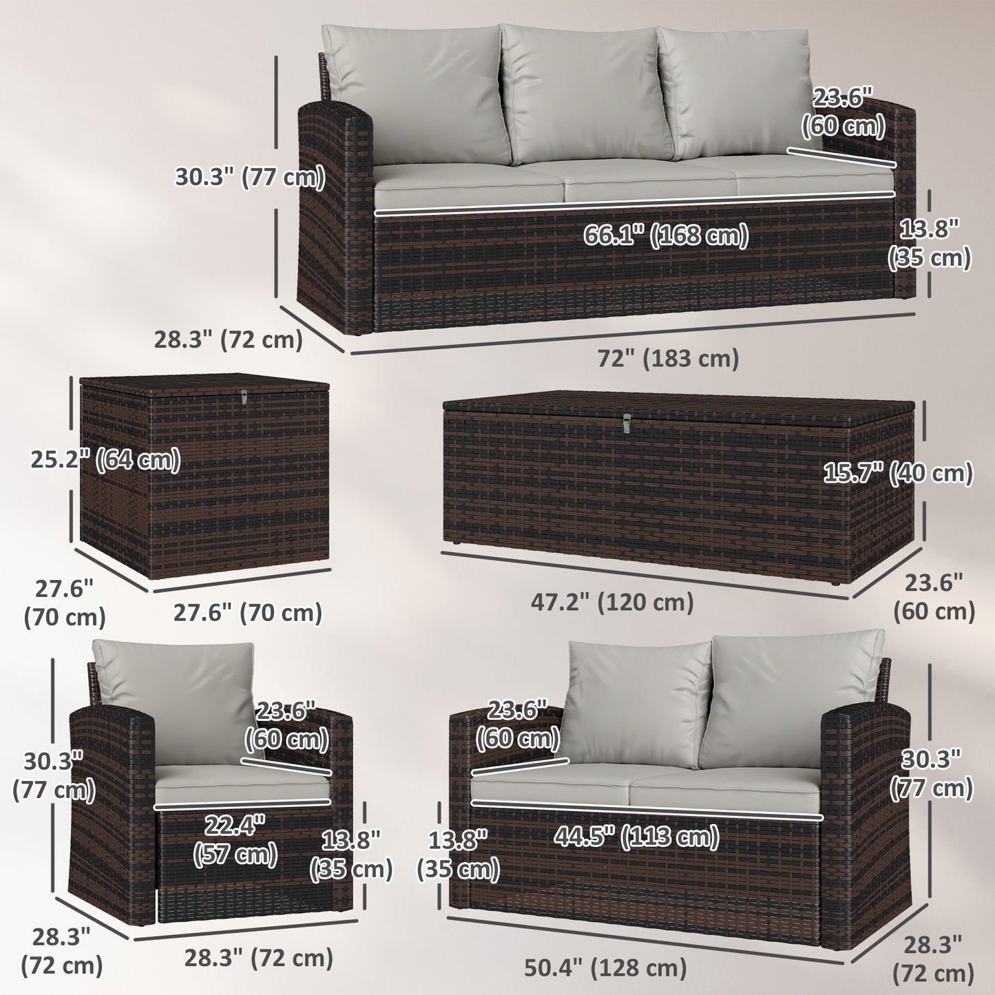 6 Pieces Wicker Patio Furniture Set with Cushions, 7-Seater Rattan Patio Sofa Set with Storage Coffee Table & Side Table, Sectional Outdoor Furniture Set, Cream White