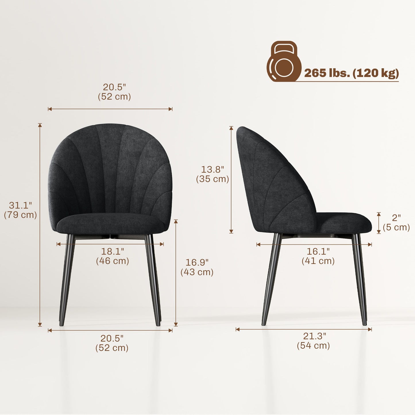 Modern Dining Chairs Set of 4, Upholstered Dining Room Chairs with Metal Legs, Shell Backrest, Padded Seat, Black