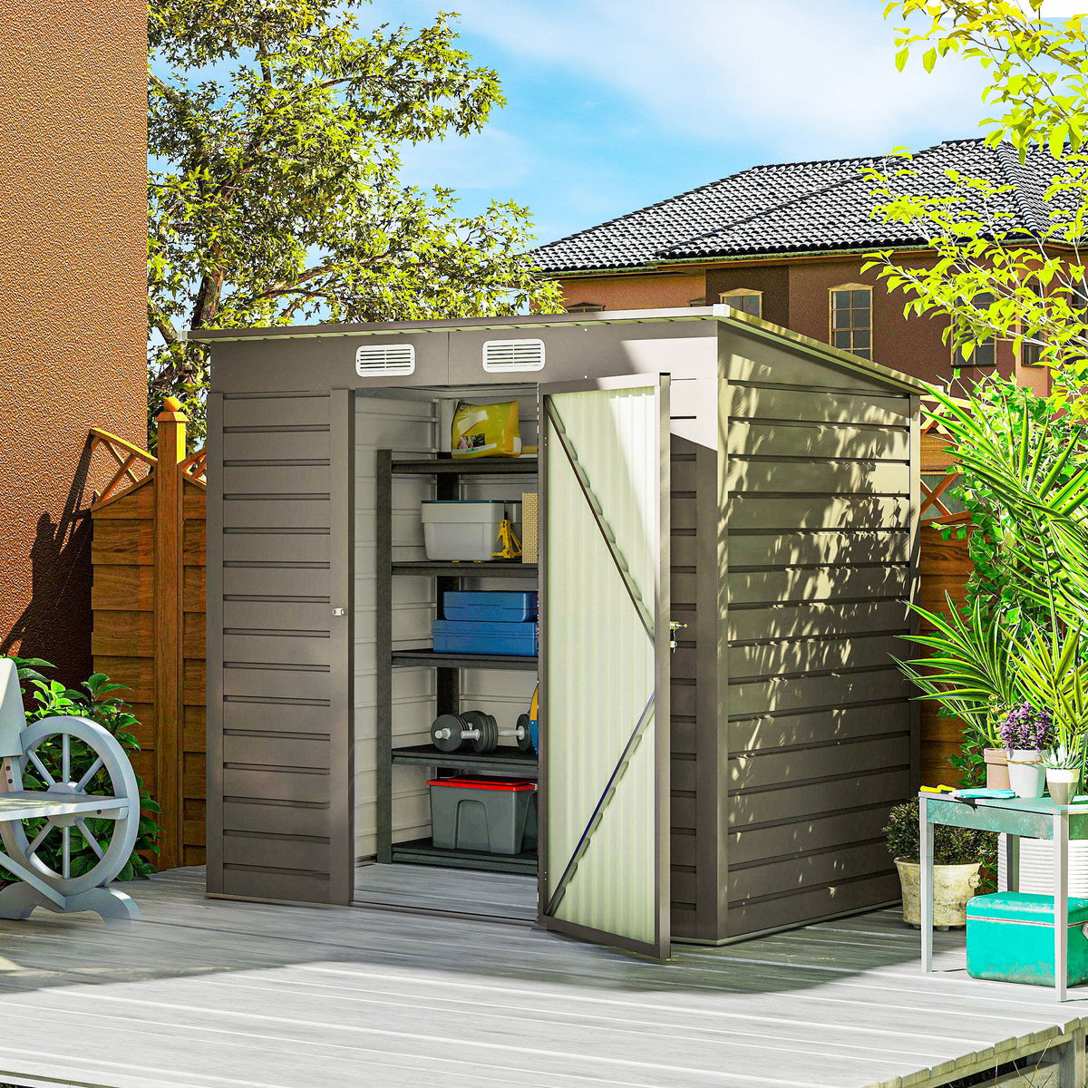 6 x 4FT Galvanized Garden Storage Shed, Metal Outdoor Shed with Double Doors and 2 Vents, Light Grey