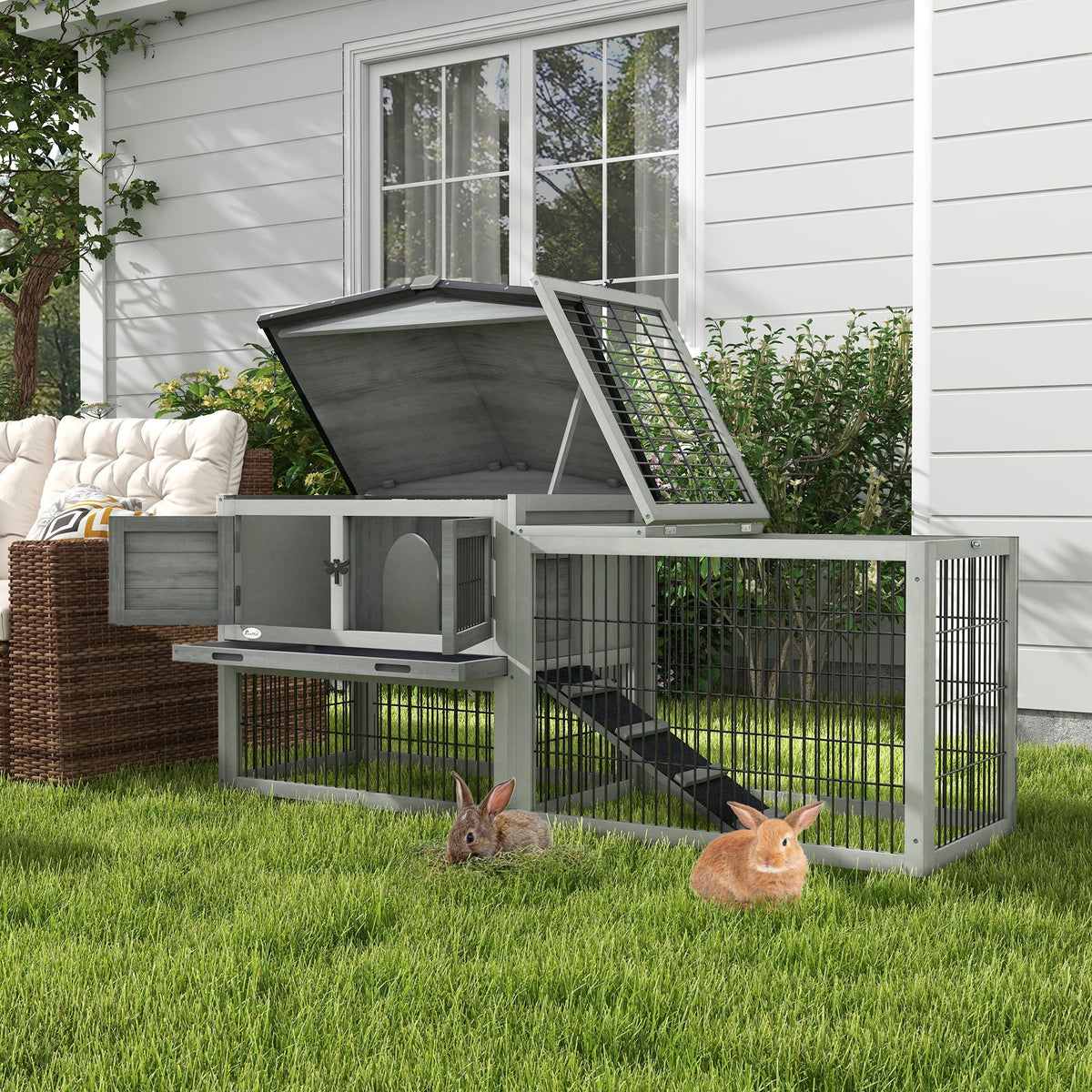 Wood Rabbit Hutch w/ Ramp, Openable Roof, Pull-out Tray, Light Grey