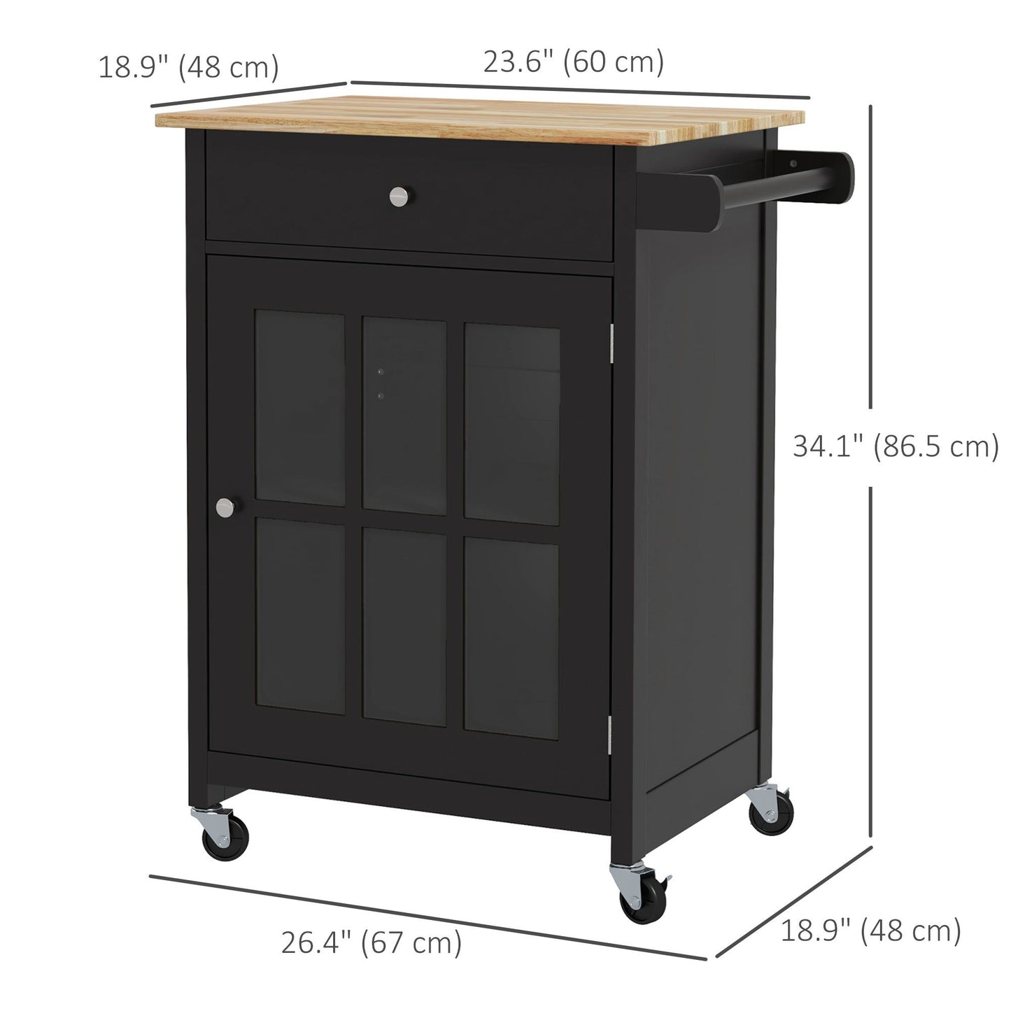 Rolling Kitchen Cart with Drawer and Glass Cabinet - Black