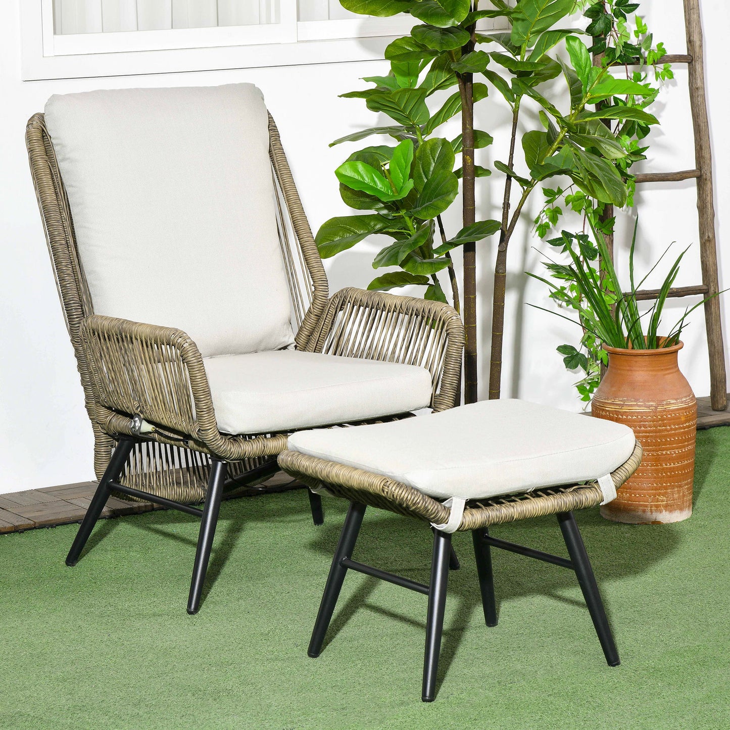 2 PCs PE Rattan Leisure Chair Set, Outdoor Reclining Patio Chair and Footrest w/ Adjustable Backrest & Cushion, Khaki