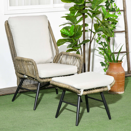 2 PCs PE Rattan Leisure Chair Set, Outdoor Reclining Patio Chair and Footrest w/ Adjustable Backrest & Cushion, Khaki