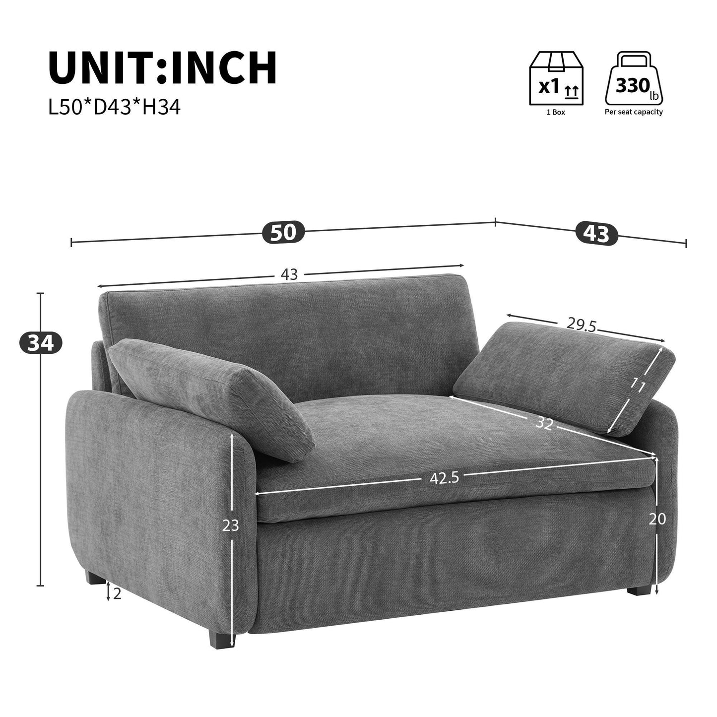 Modern Single Chenille Sofa with Extra-Wide 42.5-Inch Seat, Comfortable Armchair for Bedroom and Living Room, 50" L x 43" W x 34" H, Gray